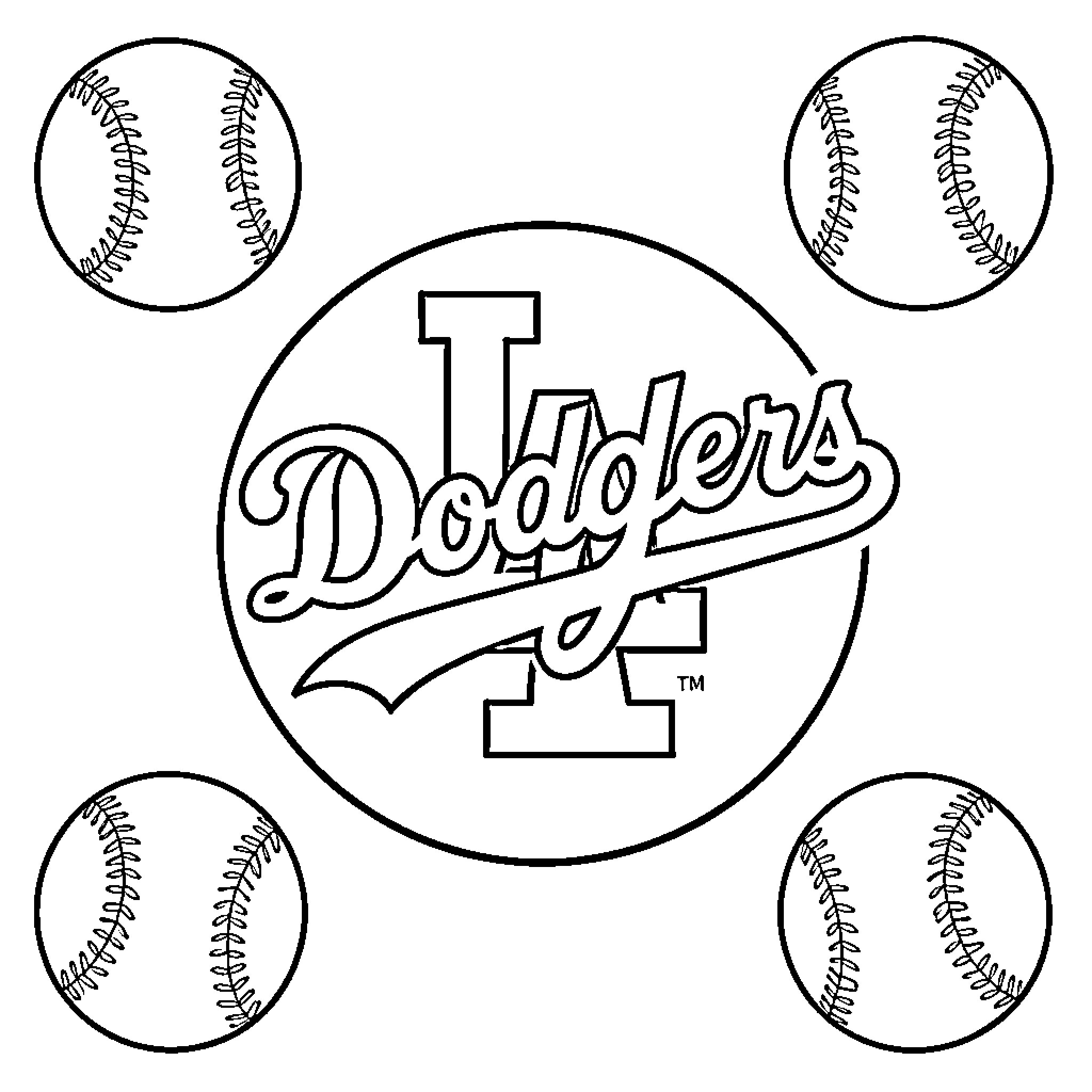 Dodgers logo surrounded by several baseballs Coloring Page (free black-and-white line drawing printable PDF for all, from beginners to advanced learners, including children, teens, adults, and seniors)