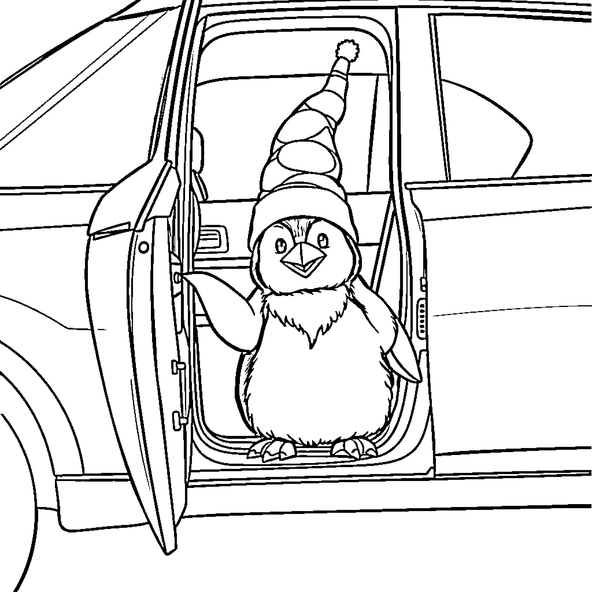 Gnome peeking out from car window Coloring Page (free black-and-white line drawing printable PDF for all, from beginners to advanced learners, including children, teens, adults, and seniors)
