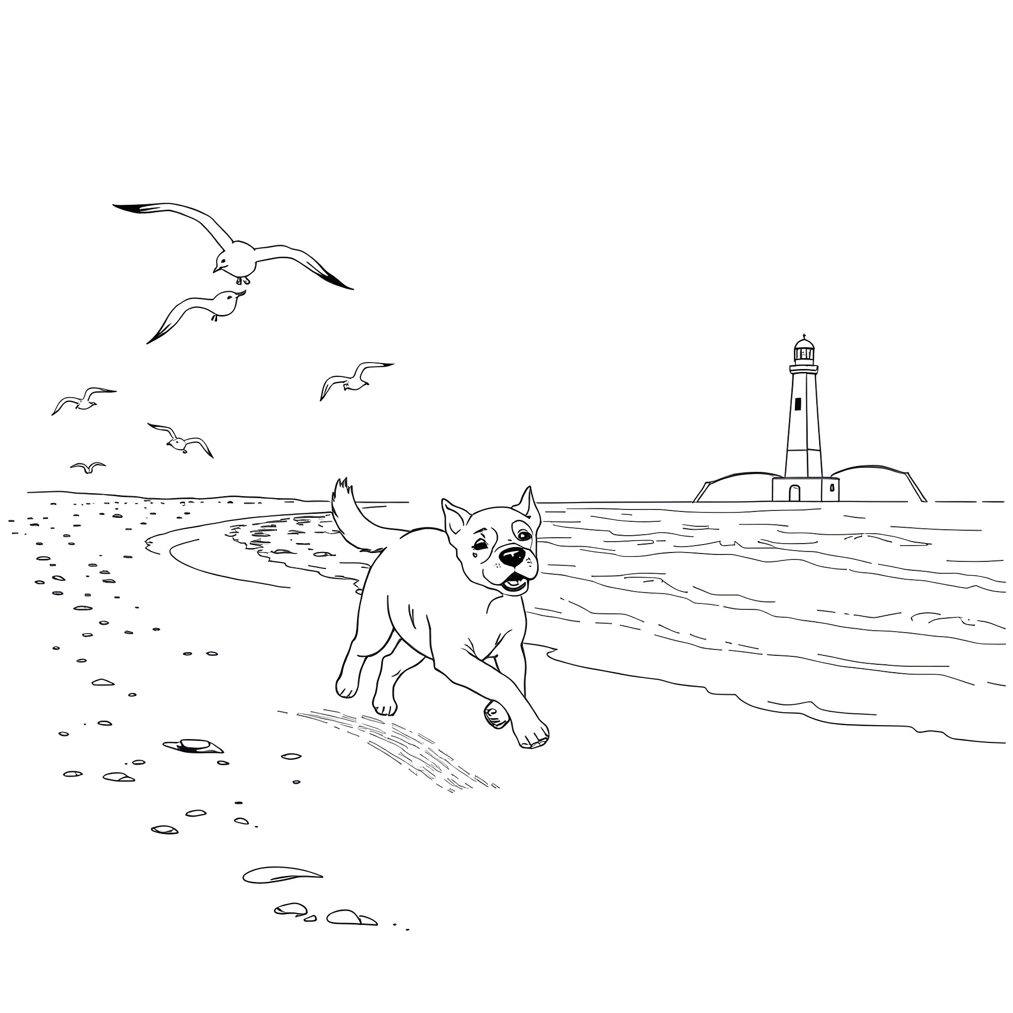 Dog running happily on the beach near lighthouse Coloring Page (free black-and-white line drawing printable PDF for all, from beginners to advanced learners, including children, teens, adults, and seniors)