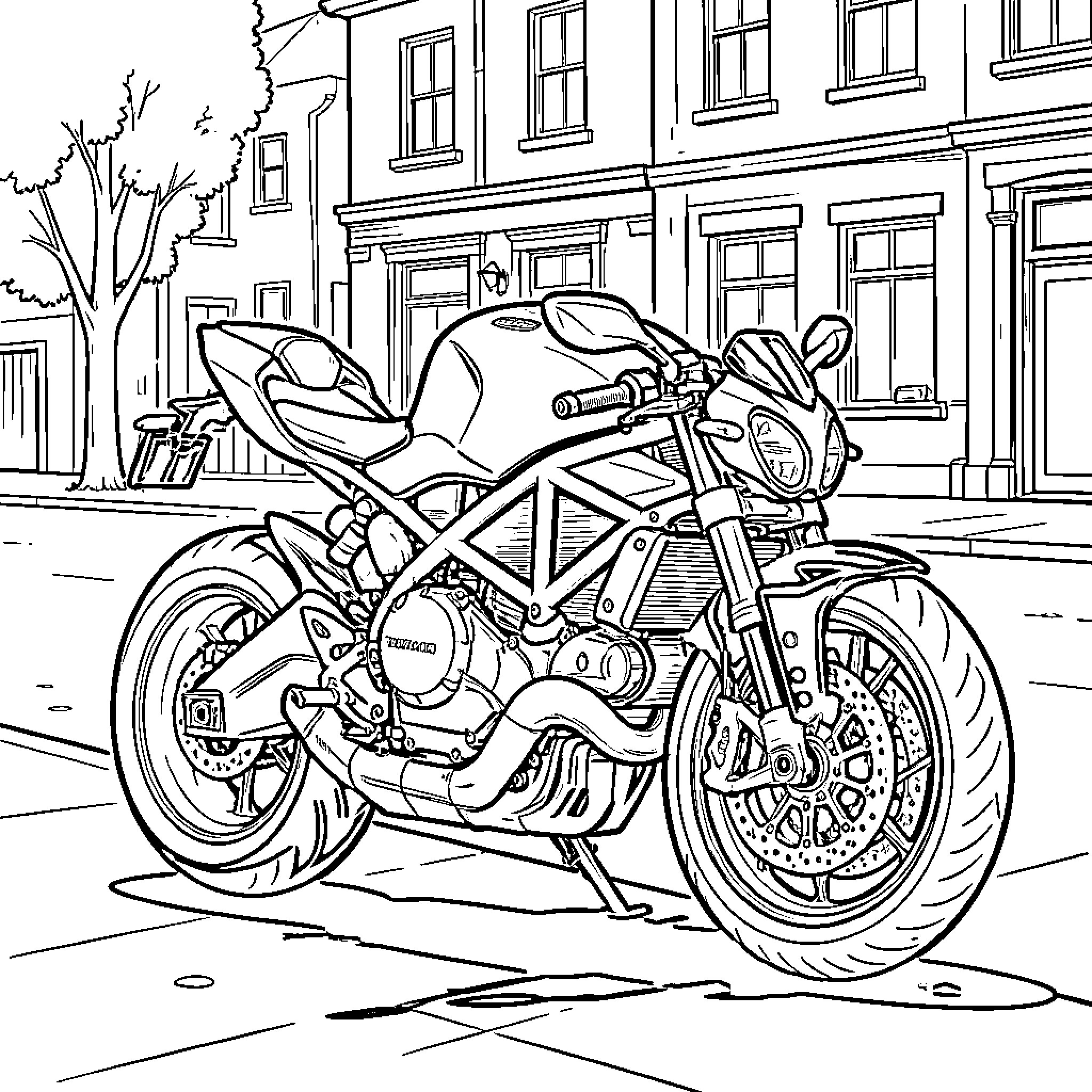 Ducati Monster Motorcycle on the City Street Coloring Page (free black-and-white line drawing printable PDF for all, from beginners to advanced learners, including children, teens, adults, and seniors)