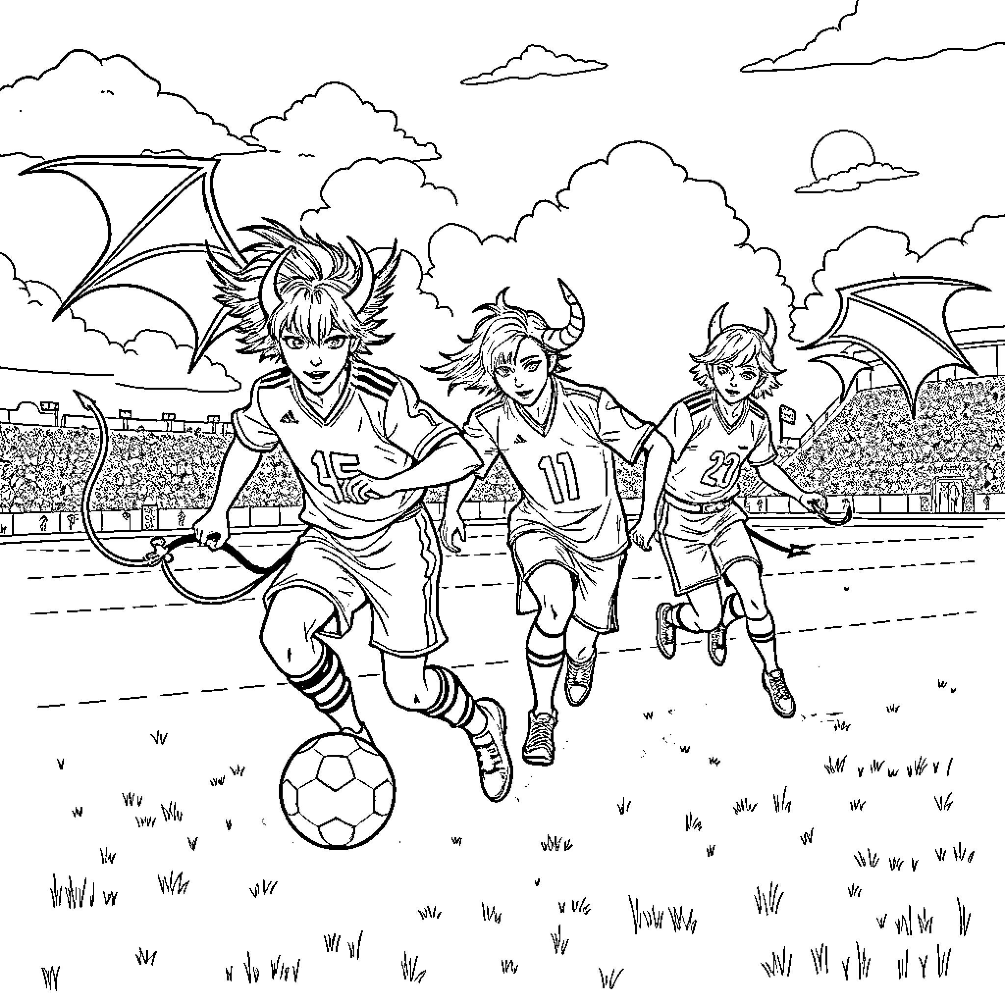 Demon Hunter Soccer Players on the Field Coloring Page (free black-and-white line drawing printable PDF for all, from beginners to advanced learners, including children, teens, adults, and seniors)
