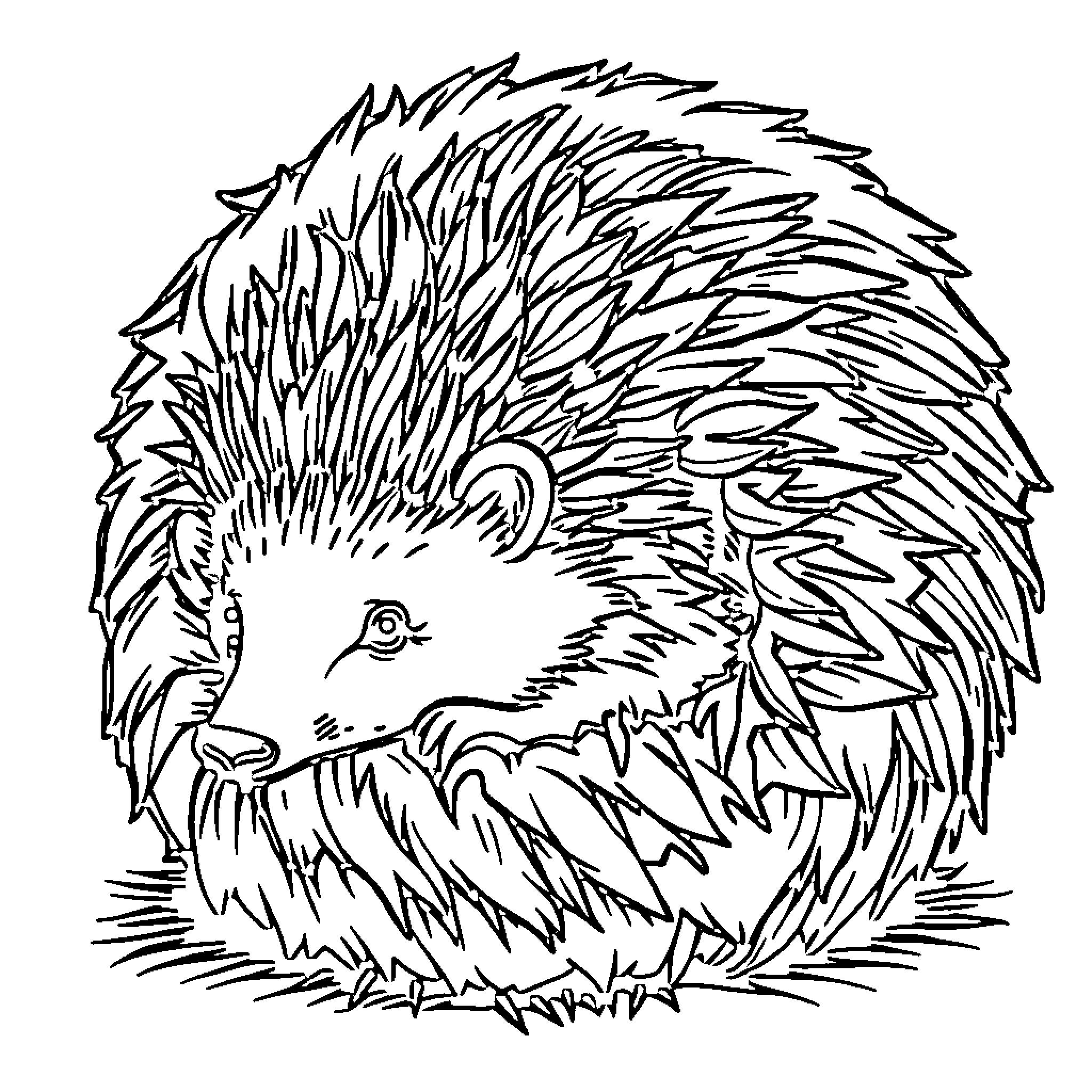 Hedgehog curled up in grassy field Coloring Page (free black-and-white line drawing printable PDF for all, from beginners to advanced learners, including children, teens, adults, and seniors)