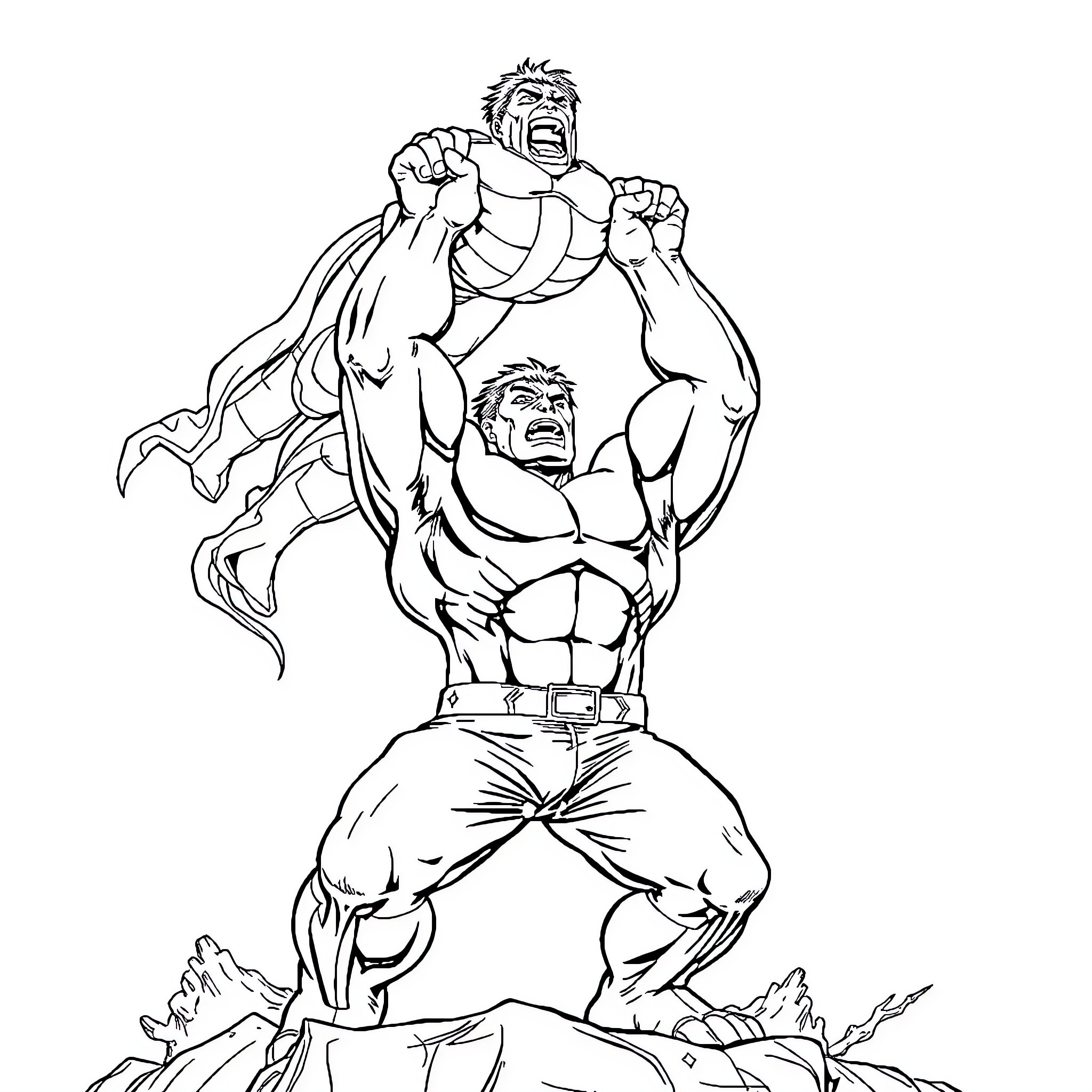Hulk Smashing Through Rubble with Anger Coloring Page (free black-and-white line drawing printable PDF for all, from beginners to advanced learners, including children, teens, adults, and seniors)