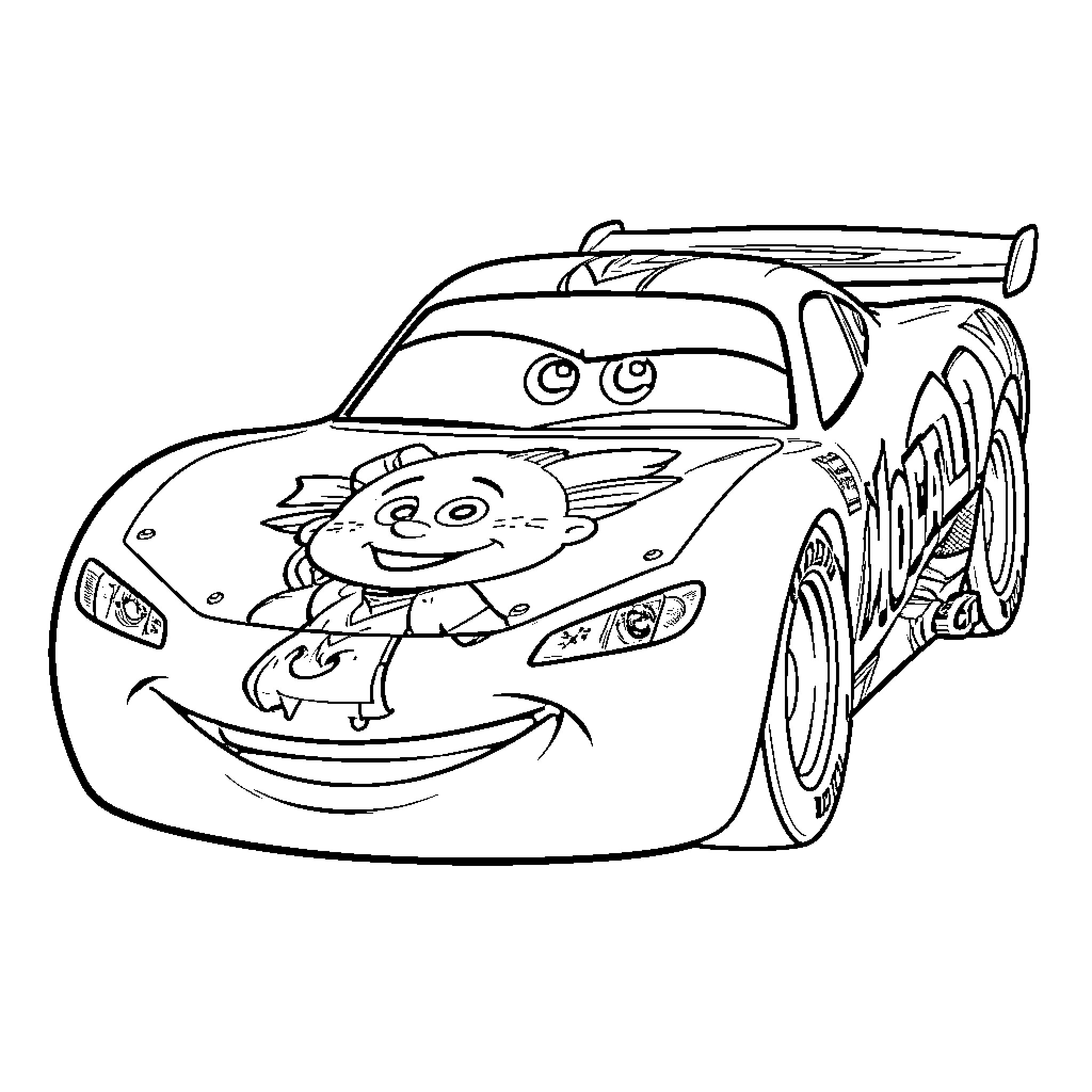 Flash McQueen smiling with a friendly character decal Coloring Page (free black-and-white line drawing printable PDF for all, from beginners to advanced learners, including children, teens, adults, and seniors)