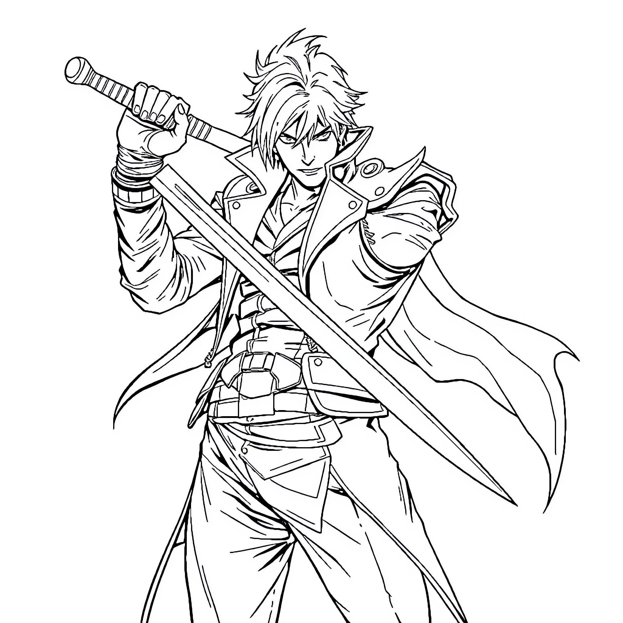 Dante's Swordsmanship and Heroic Stance Coloring Page (free black-and-white line drawing printable PDF for all, from beginners to advanced learners, including children, teens, adults, and seniors)