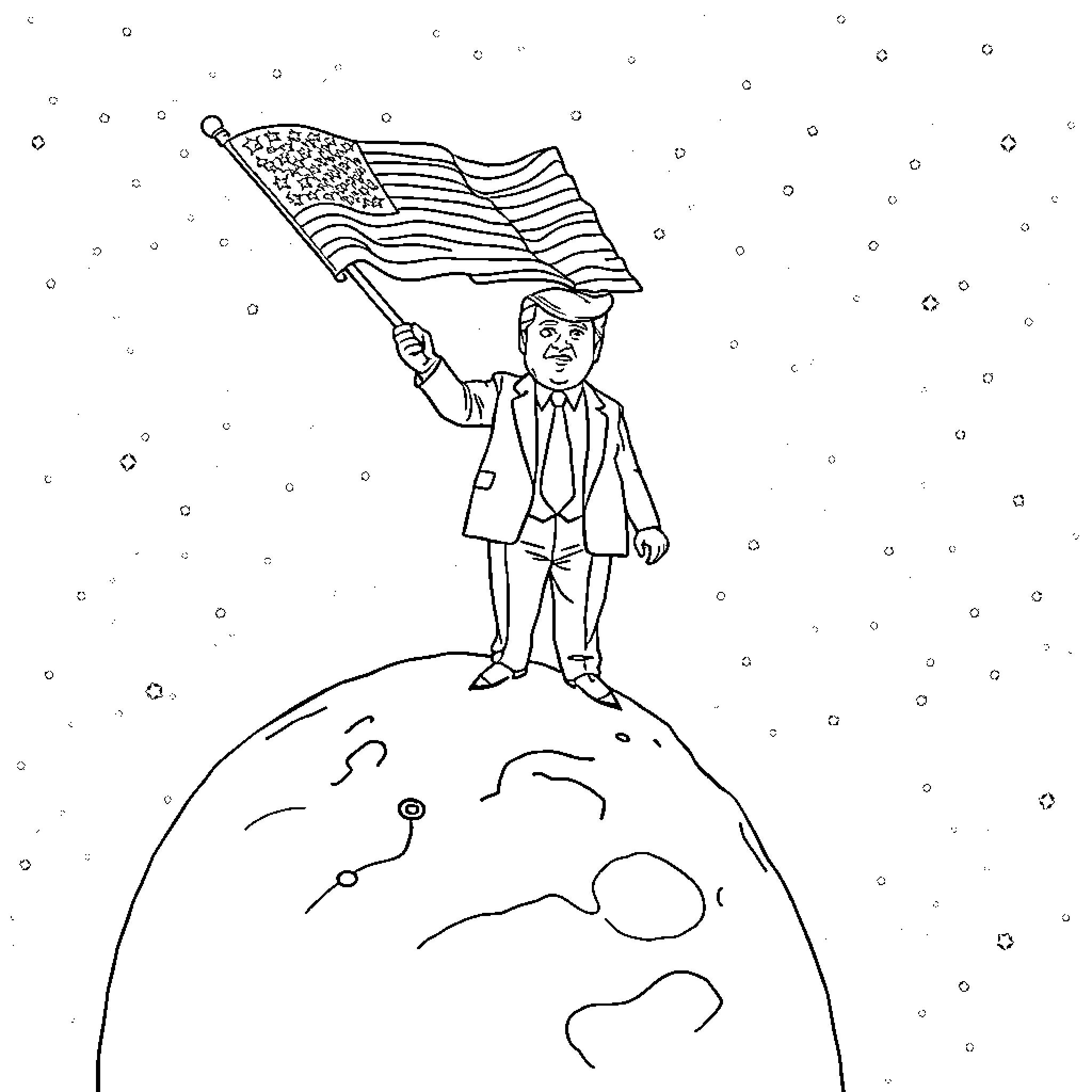Donald Trump standing on the globe holding the American flag Coloring Page (free black-and-white line drawing printable PDF for all, from beginners to advanced learners, including children, teens, adults, and seniors)
