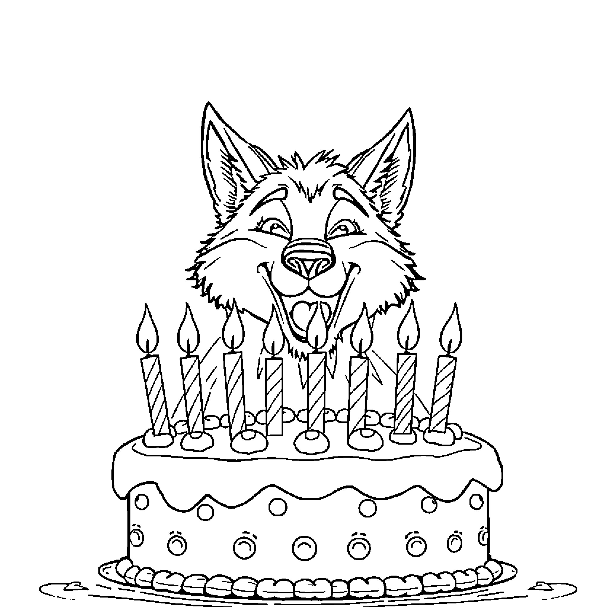 Wolf Enjoying a Birthday Cake with Candles Coloring Page (free black-and-white line drawing printable PDF for all, from beginners to advanced learners, including children, teens, adults, and seniors)