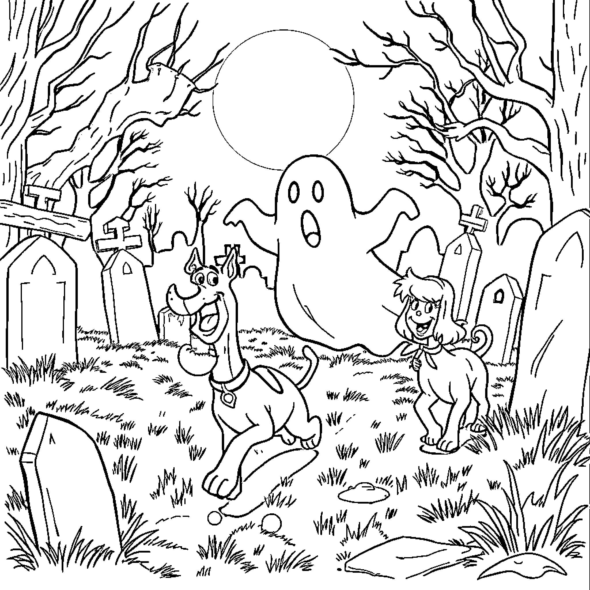 Scooby Doo and Shaggy's Spooky Halloween Adventure Coloring Page (free black-and-white line drawing printable PDF for all, from beginners to advanced learners, including children, teens, adults, and seniors)