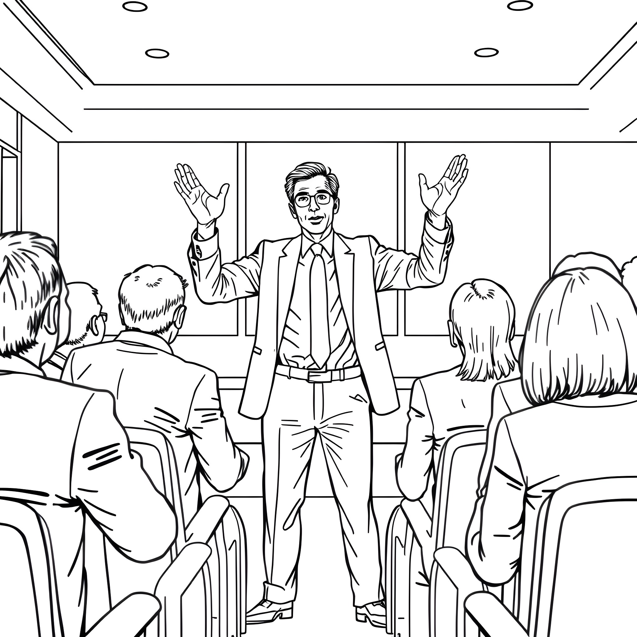 Mark Carney addressing a crowd in a business suit Coloring Page (free black-and-white line drawing printable PDF for all, from beginners to advanced learners, including children, teens, adults, and seniors)