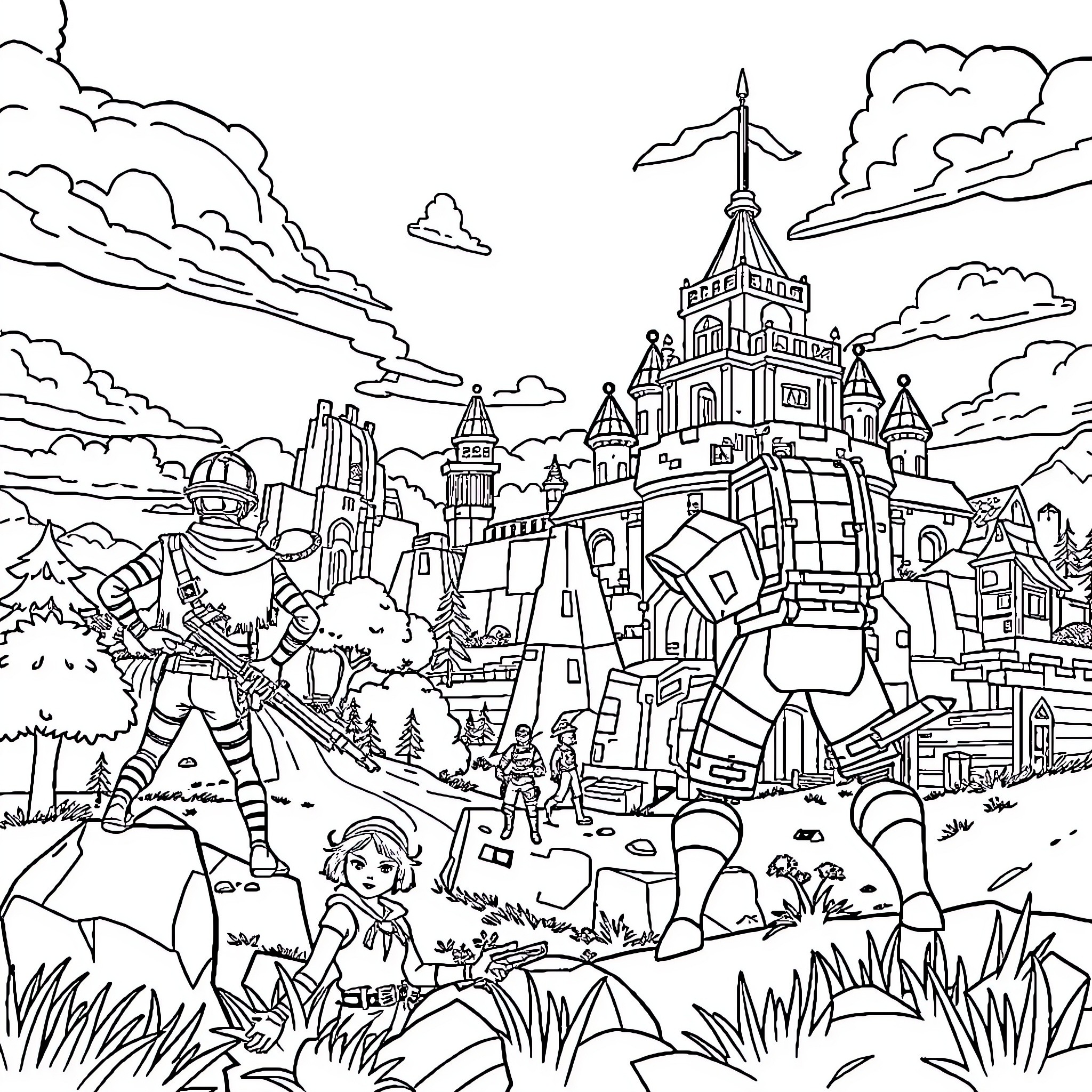 Fortnite characters in a whimsical fantasy landscape Coloring Page (free black-and-white line drawing printable PDF for all, from beginners to advanced learners, including children, teens, adults, and seniors)