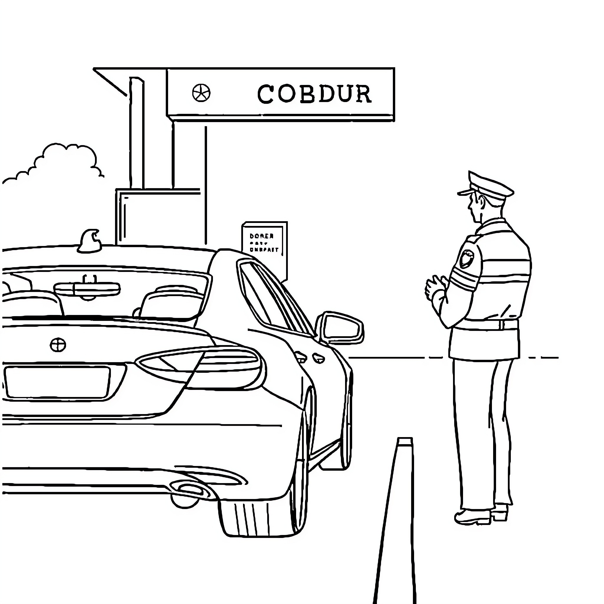 Customs Officer inspecting vehicle at border crossing Coloring Page (free black-and-white line drawing printable PDF for all, from beginners to advanced learners, including children, teens, adults, and seniors)