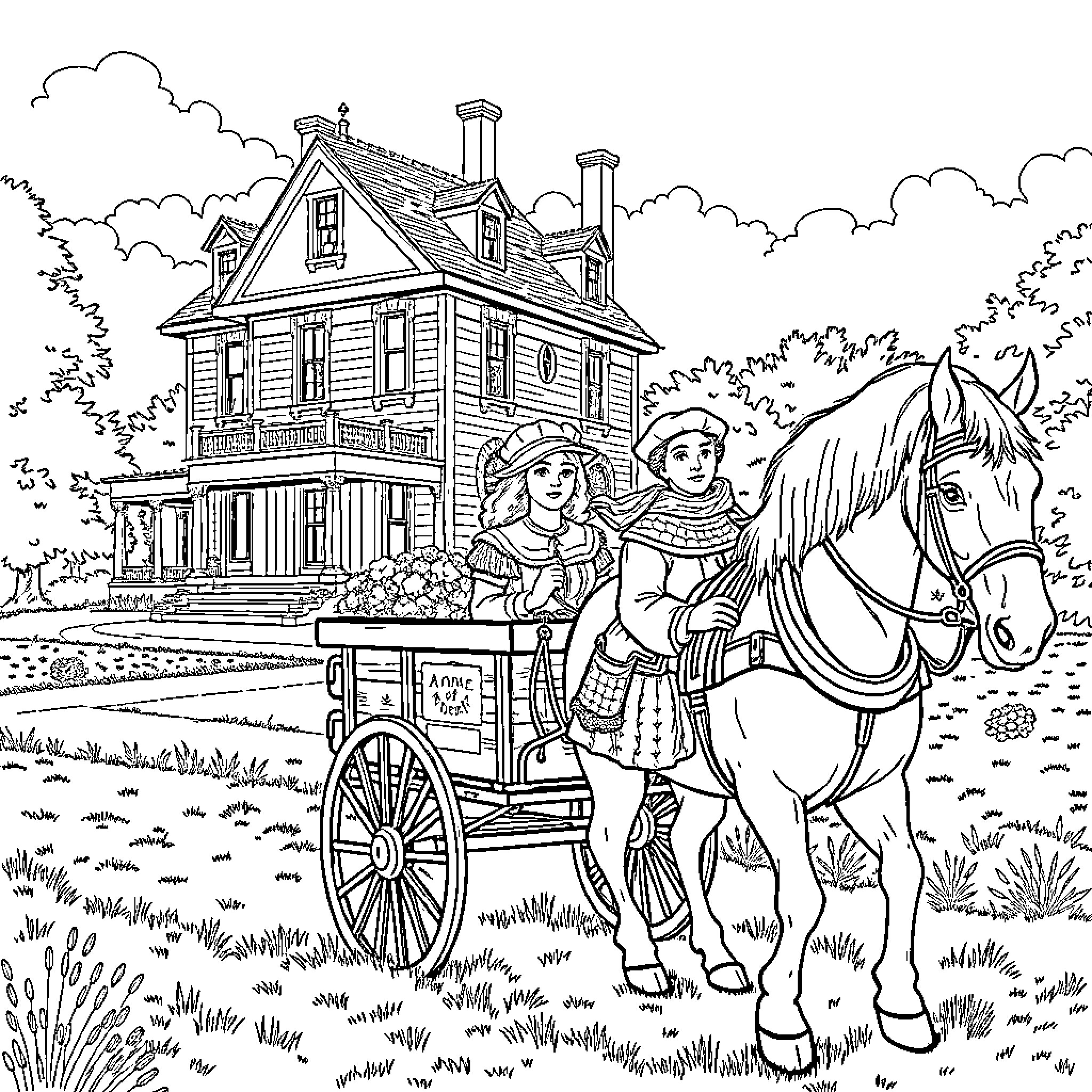 Anne of Green Gables - Girl and Horse-Drawn Carriage Coloring Page (free black-and-white line drawing printable PDF for all, from beginners to advanced learners, including children, teens, adults, and seniors)