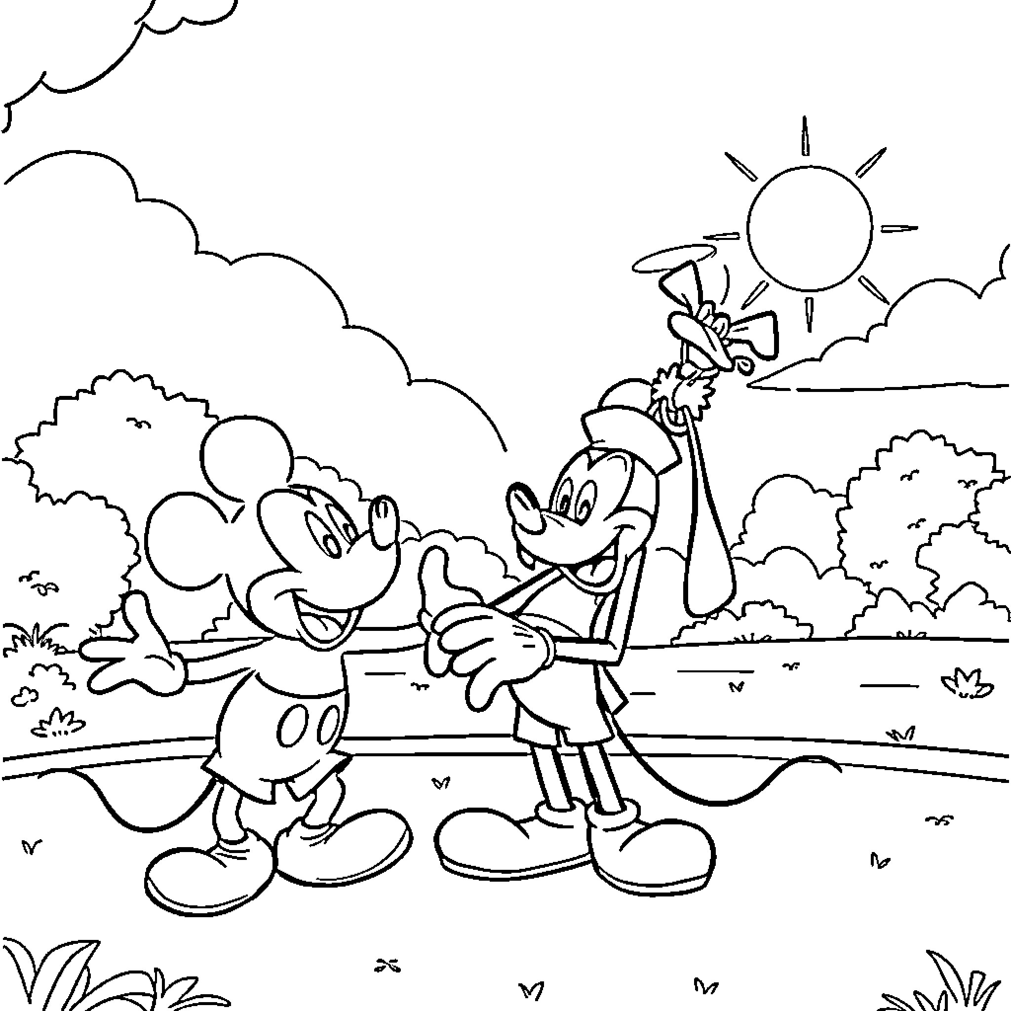Mickey Mouse and Goofy playing in the park Coloring Page (free black-and-white line drawing printable PDF for all, from beginners to advanced learners, including children, teens, adults, and seniors)