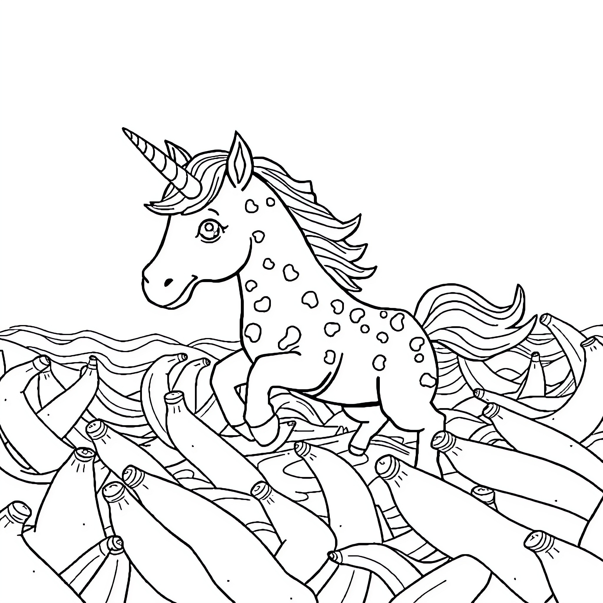 Unicorn Galloping Through a Whimsical Landscape Coloring Page (free black-and-white line drawing printable PDF for all, from beginners to advanced learners, including children, teens, adults, and seniors)