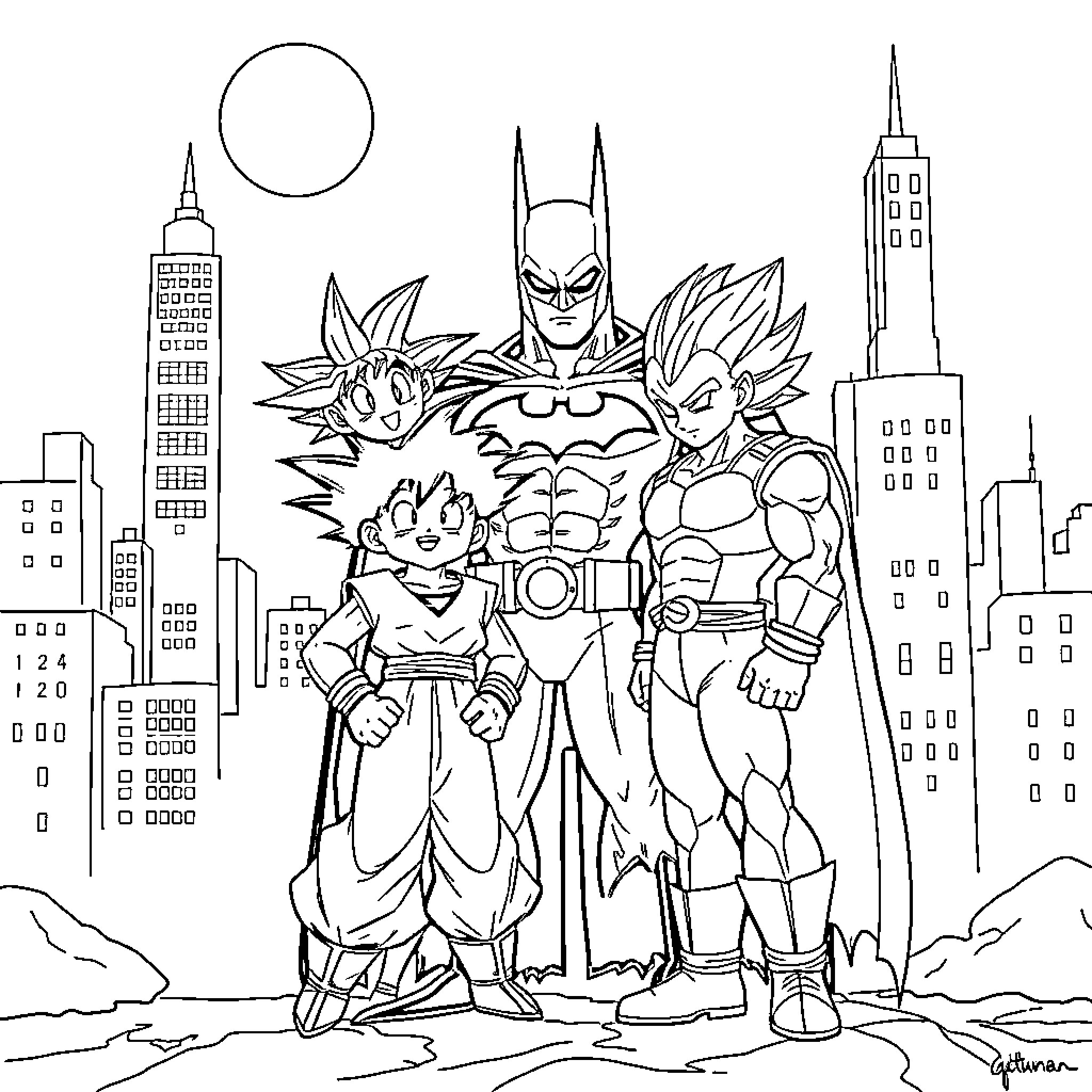 Dragon Ball Heroes Gather in the City Skyline Coloring Page (free black-and-white line drawing printable PDF for all, from beginners to advanced learners, including children, teens, adults, and seniors)