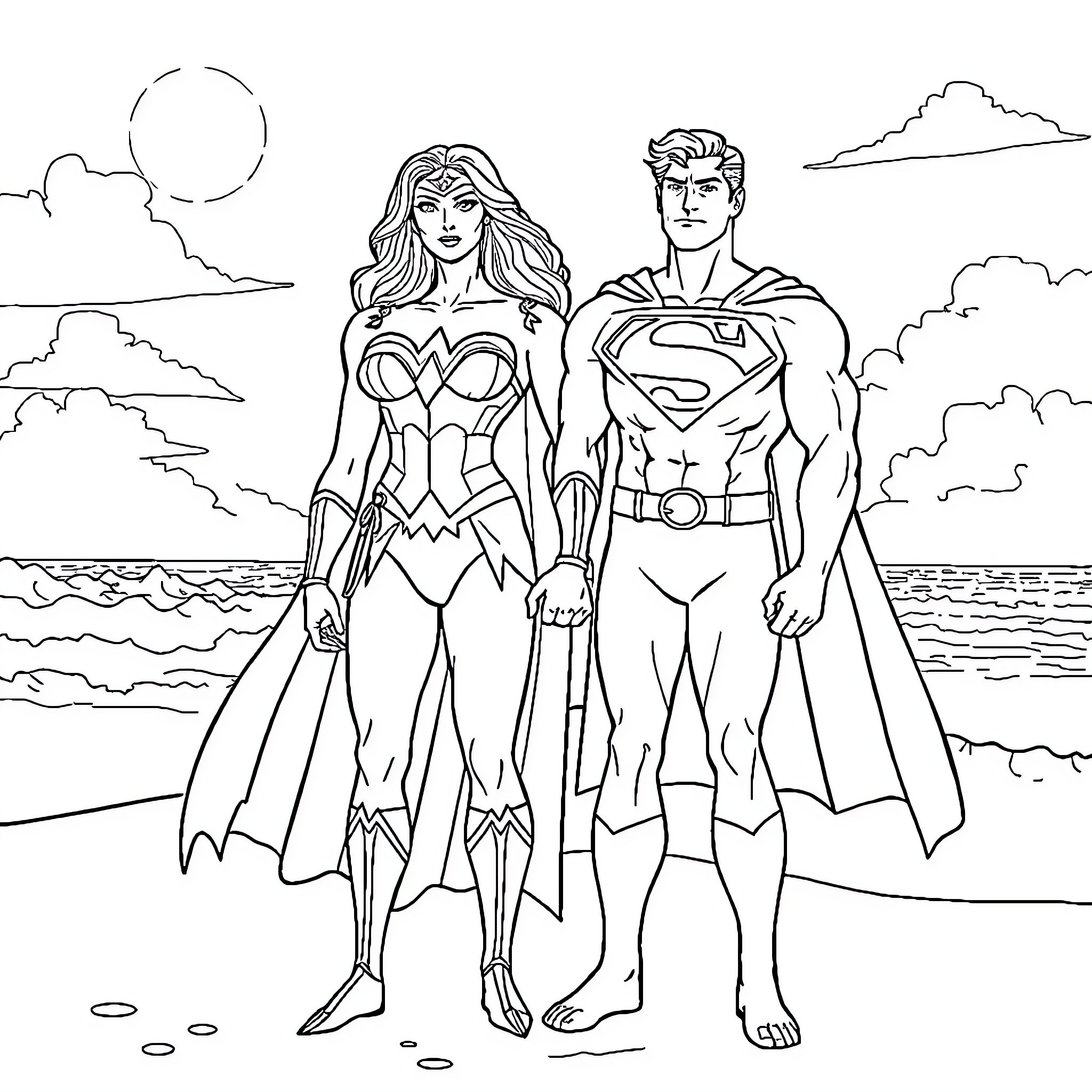 Wonder Woman and Superman standing heroically on the beach Coloring Page (free black-and-white line drawing printable PDF for all, from beginners to advanced learners, including children, teens, adults, and seniors)