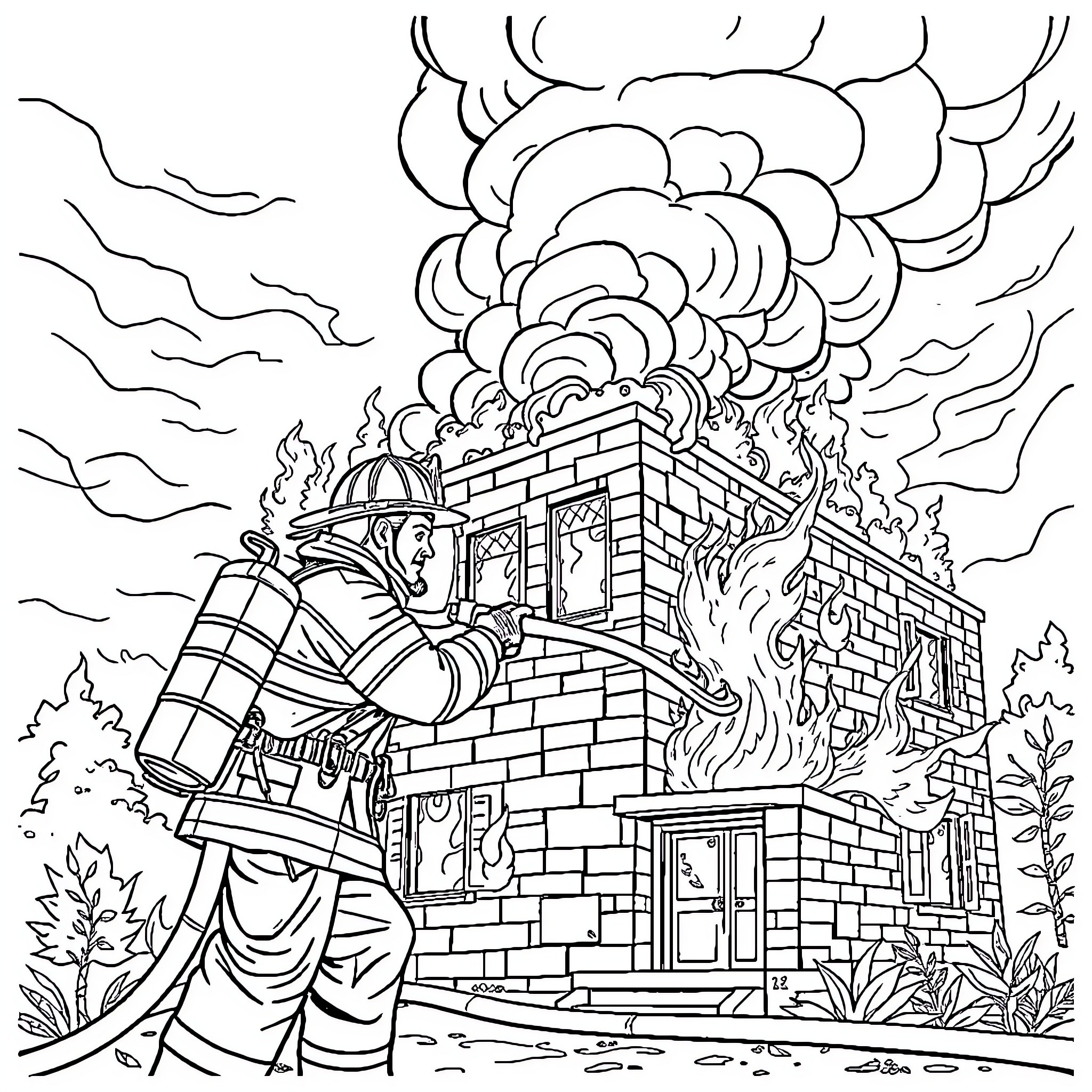 Firefighter bravely battles raging blaze in burning building Coloring Page (free black-and-white line drawing printable PDF for all, from beginners to advanced learners, including children, teens, adults, and seniors)