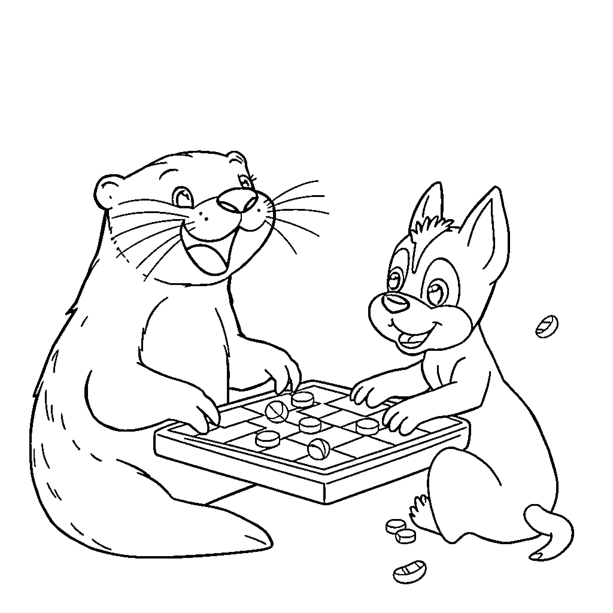 Otter and Squirrel Playing Checkers Together Coloring Page (free black-and-white line drawing printable PDF for all, from beginners to advanced learners, including children, teens, adults, and seniors)