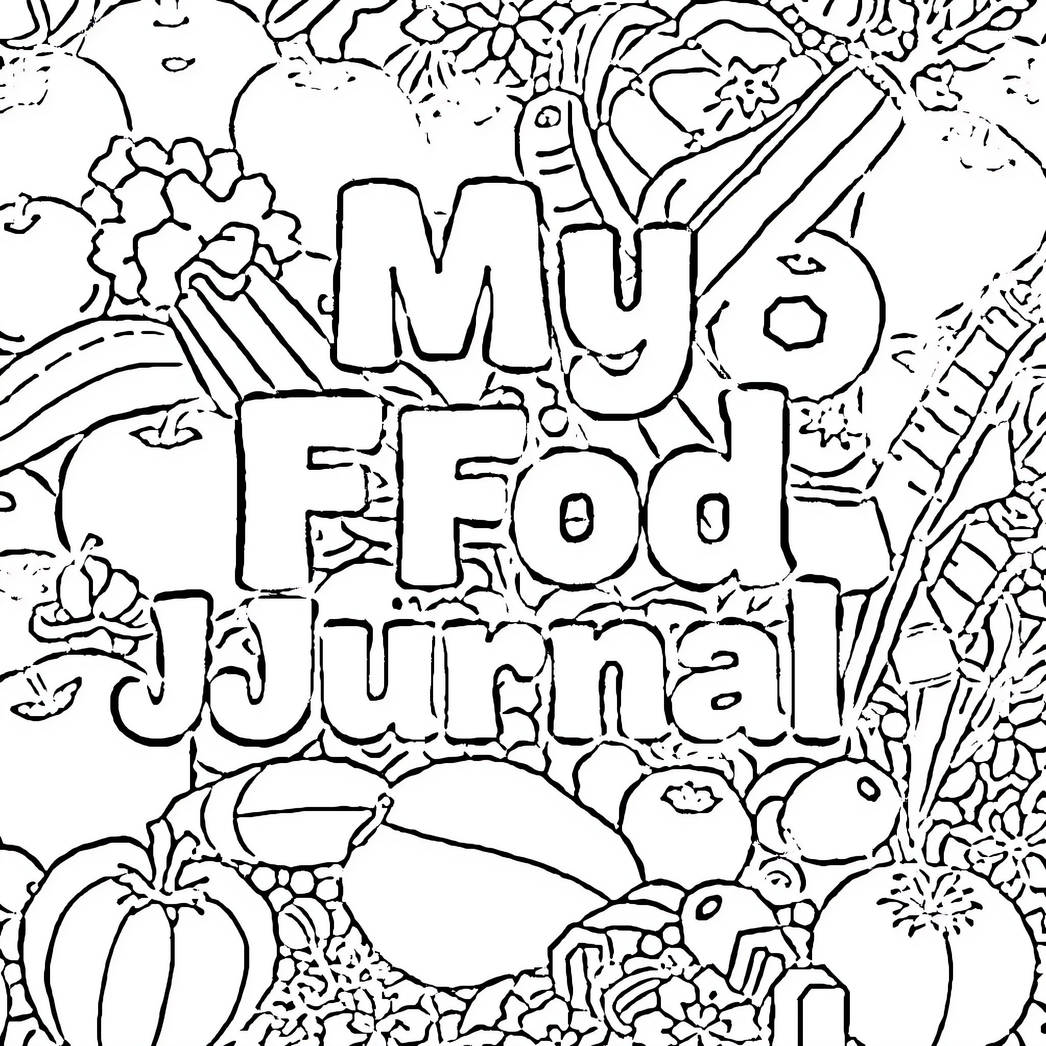 Fruit and Vegetable Doodle Journal Coloring Page (free black-and-white line drawing printable PDF for all, from beginners to advanced learners, including children, teens, adults, and seniors)