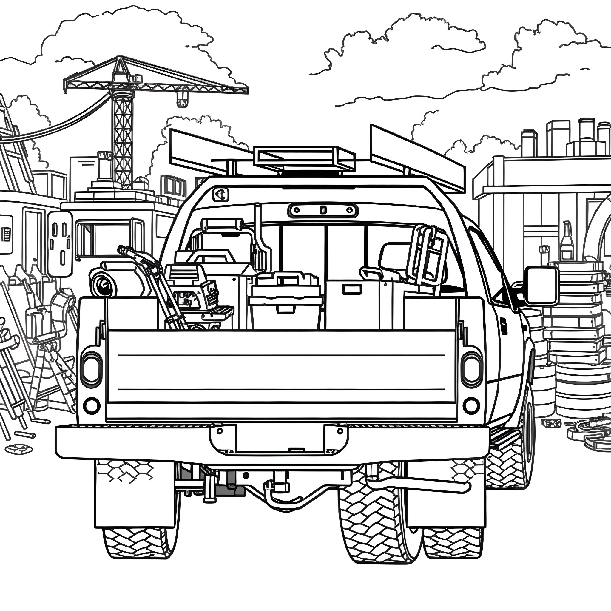Pickup truck carrying construction equipment on the job site Coloring Page (free black-and-white line drawing printable PDF for all, from beginners to advanced learners, including children, teens, adults, and seniors)