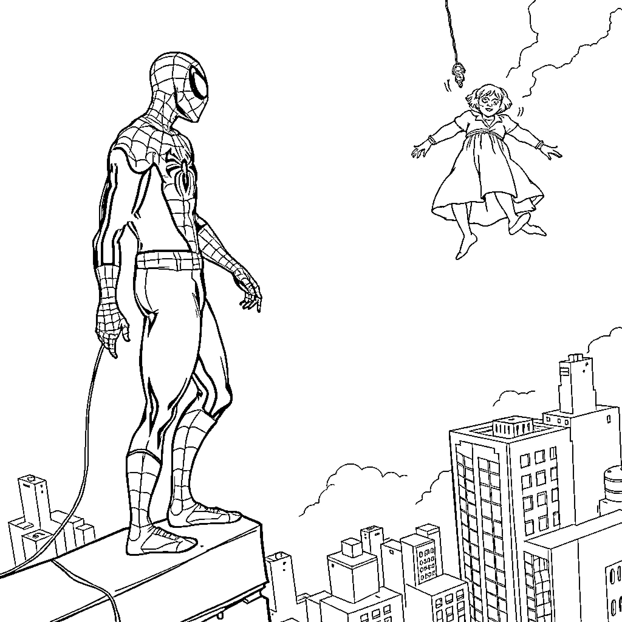 Spiderman in action, facing off against a villainous figure Coloring Page (free black-and-white line drawing printable PDF for all, from beginners to advanced learners, including children, teens, adults, and seniors)
