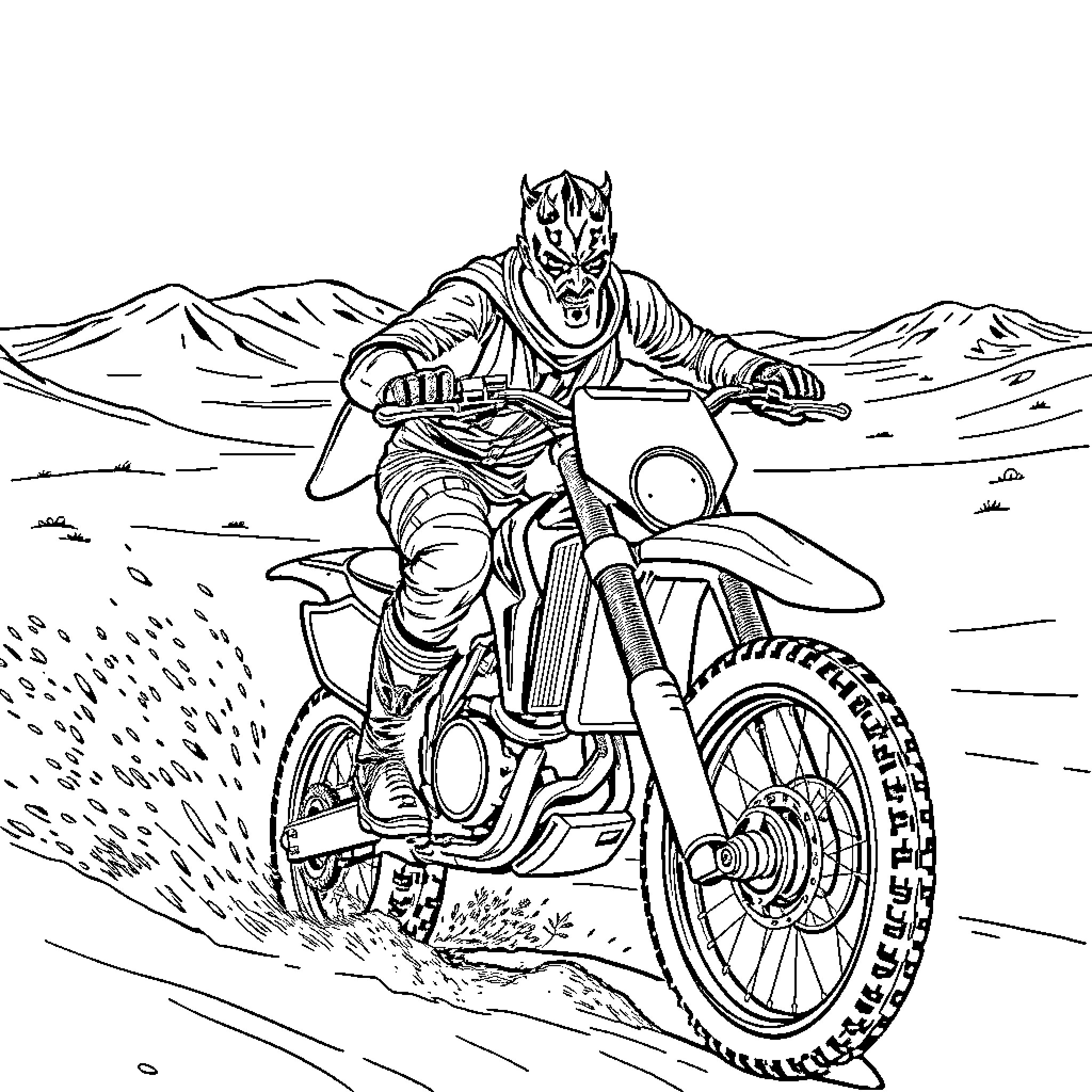 Darth Maul riding a powerful motorcycle in the desert Coloring Page (free black-and-white line drawing printable PDF for all, from beginners to advanced learners, including children, teens, adults, and seniors)