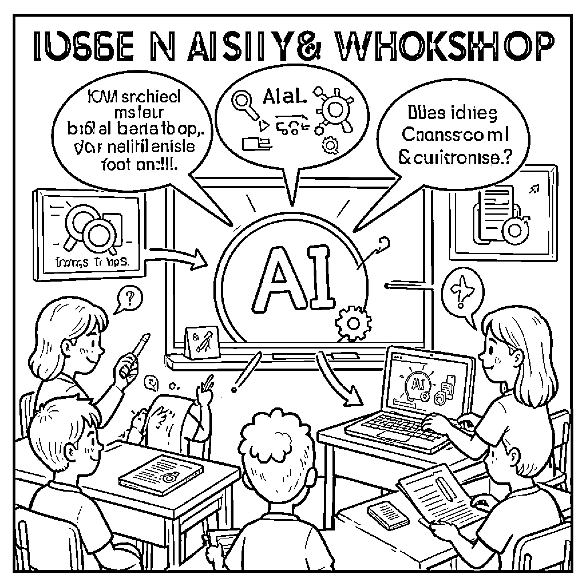 AI workshop with students learning with digital technology Coloring Page (free black-and-white line drawing printable PDF for all, from beginners to advanced learners, including children, teens, adults, and seniors)