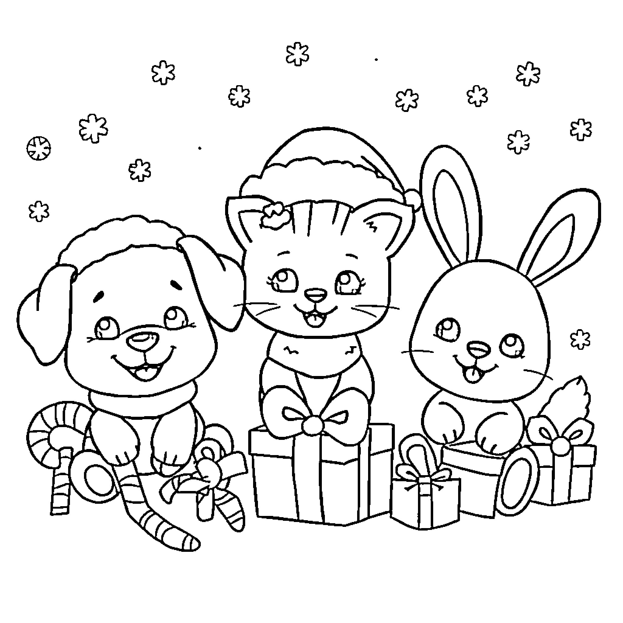 Animal friends celebrating with gifts and snowflakes Coloring Page (free black-and-white line drawing printable PDF for all, from beginners to advanced learners, including children, teens, adults, and seniors)
