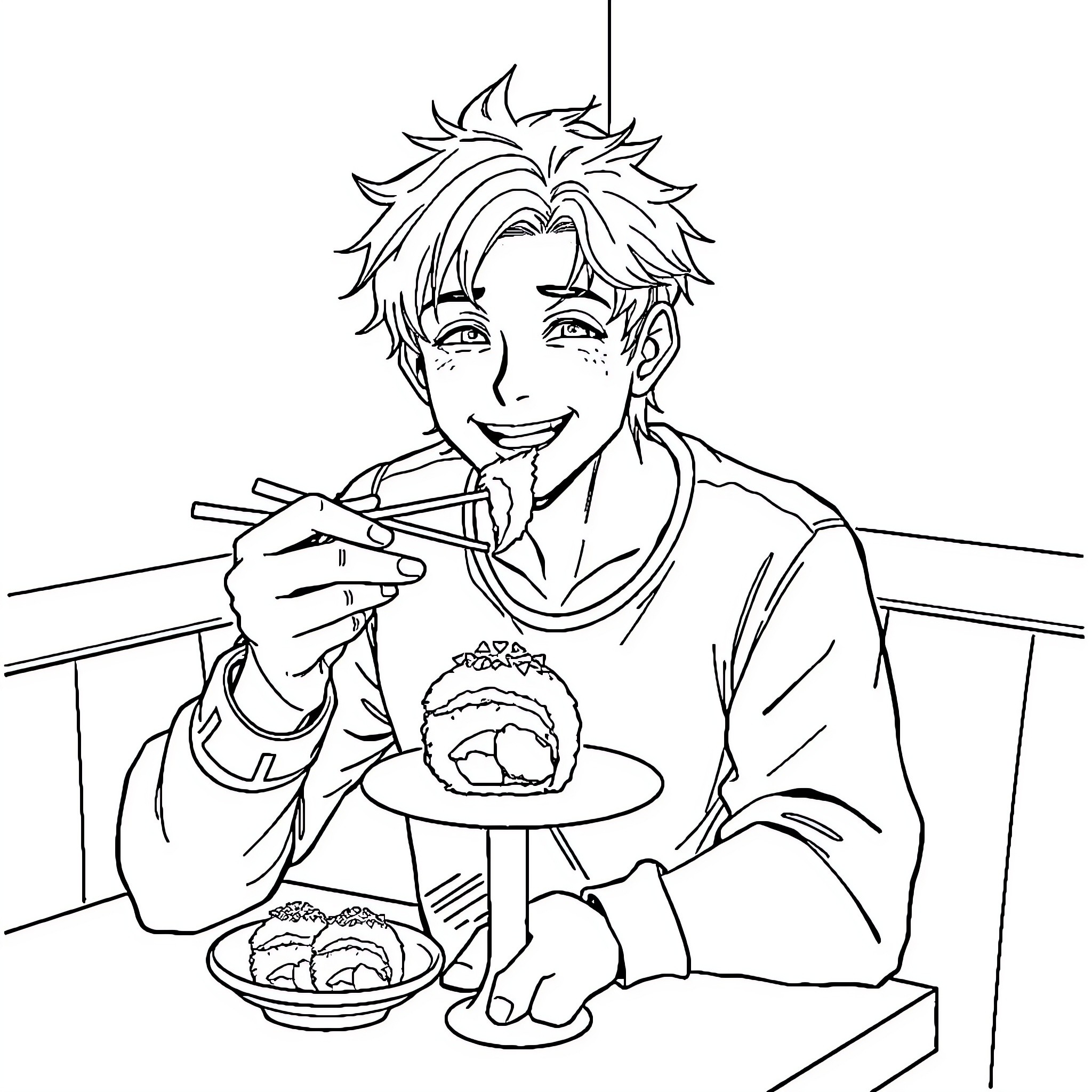 Eren Yeager enjoying a treat at a cafe Coloring Page (free black-and-white line drawing printable PDF for all, from beginners to advanced learners, including children, teens, adults, and seniors)