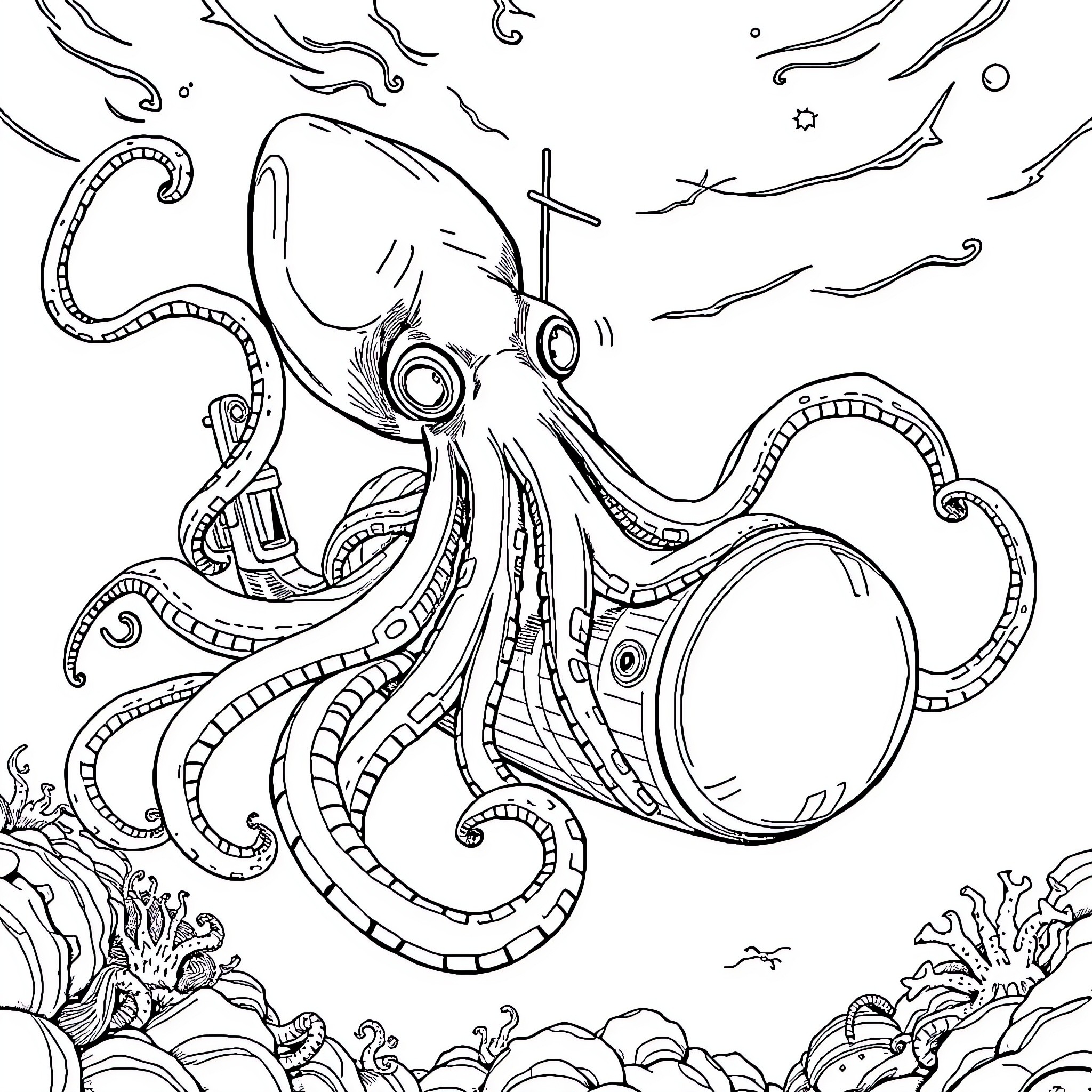 Squid exploring the underwater world Coloring Page (free black-and-white line drawing printable PDF for all, from beginners to advanced learners, including children, teens, adults, and seniors)