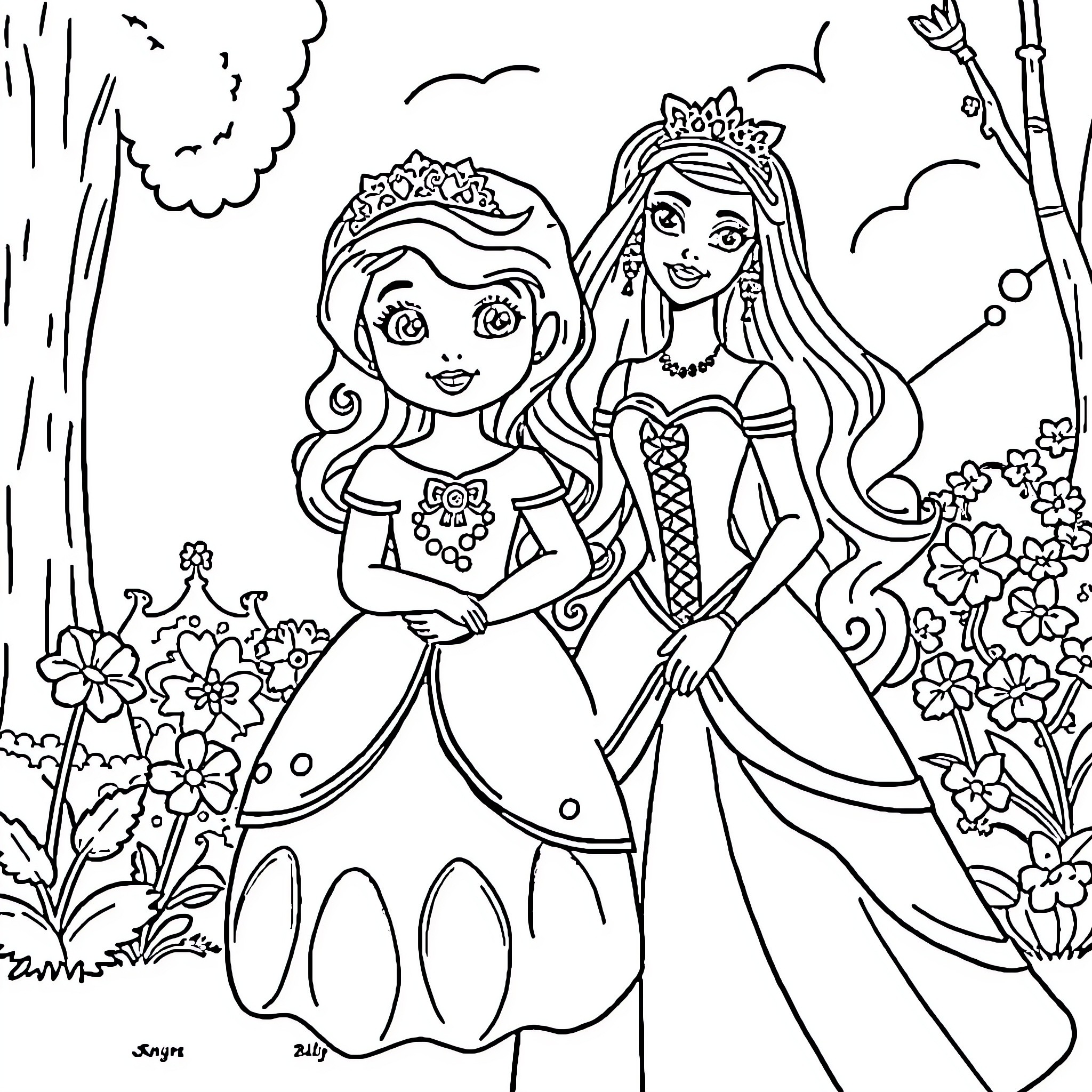 Sofia and the Princess - Enjoying the Garden Coloring Page (free black-and-white line drawing printable PDF for all, from beginners to advanced learners, including children, teens, adults, and seniors)