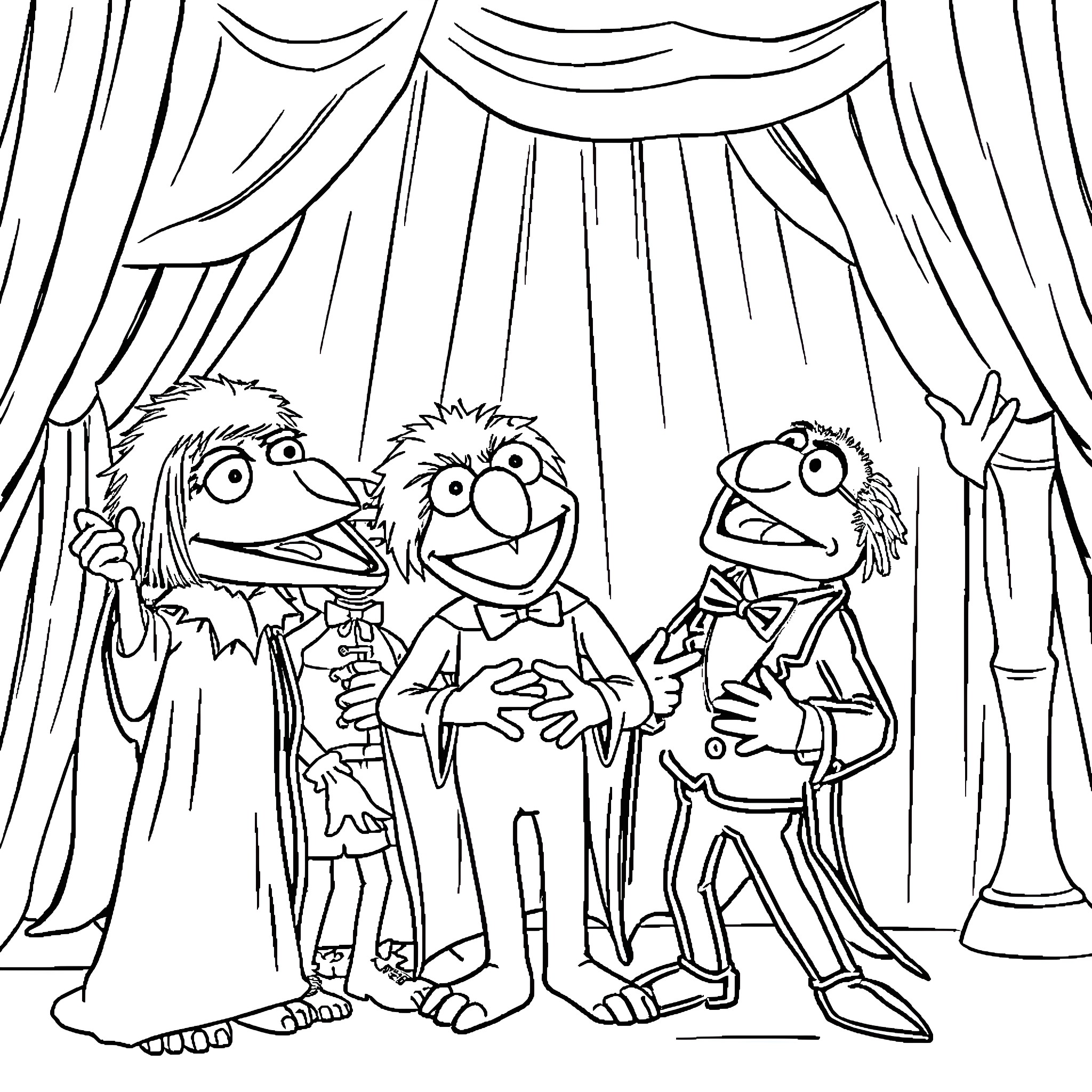 Muppet characters in comical stage performance Coloring Page (free black-and-white line drawing printable PDF for all, from beginners to advanced learners, including children, teens, adults, and seniors)
