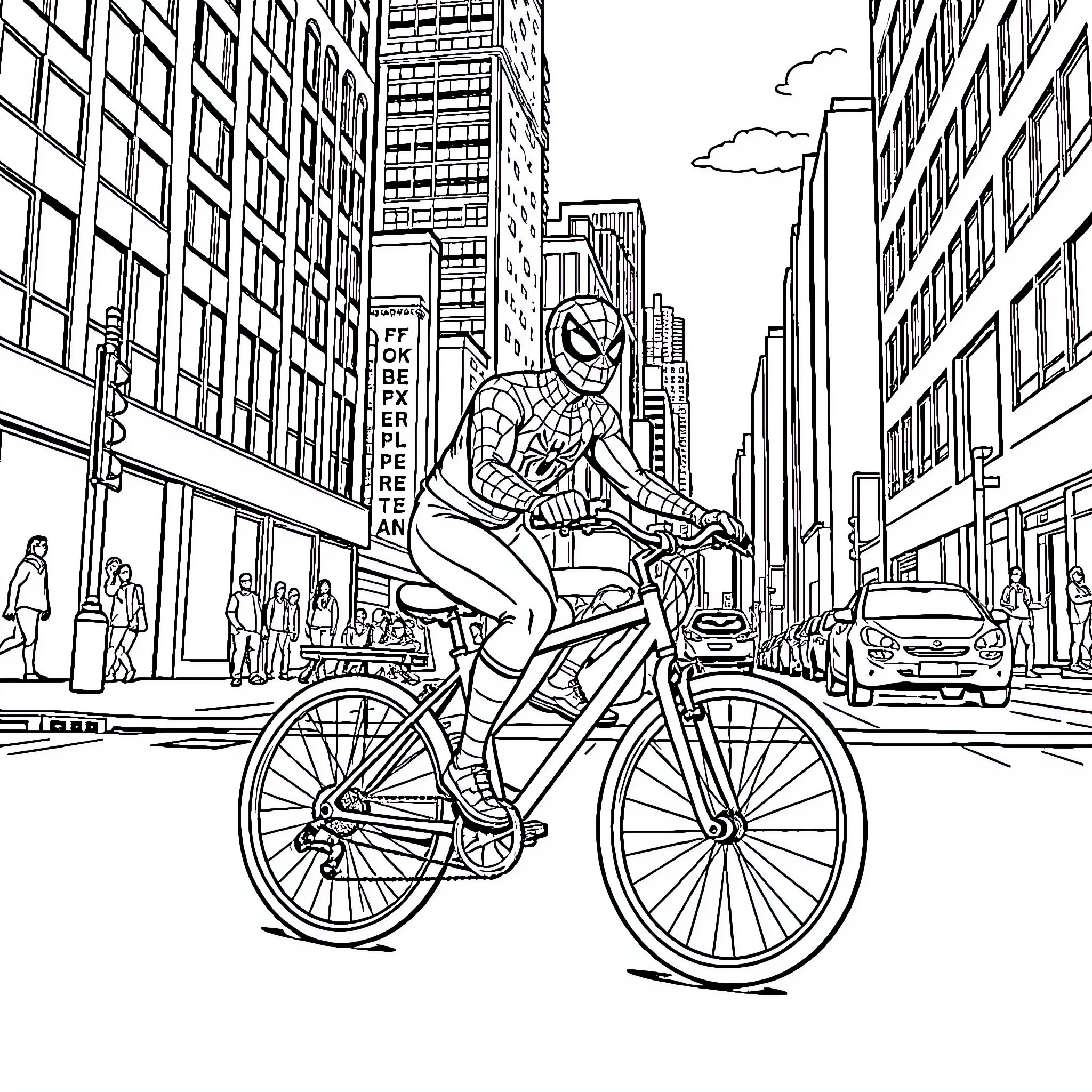 Spiderman riding a bicycle through the city Coloring Page (free black-and-white line drawing printable PDF for all, from beginners to advanced learners, including children, teens, adults, and seniors)