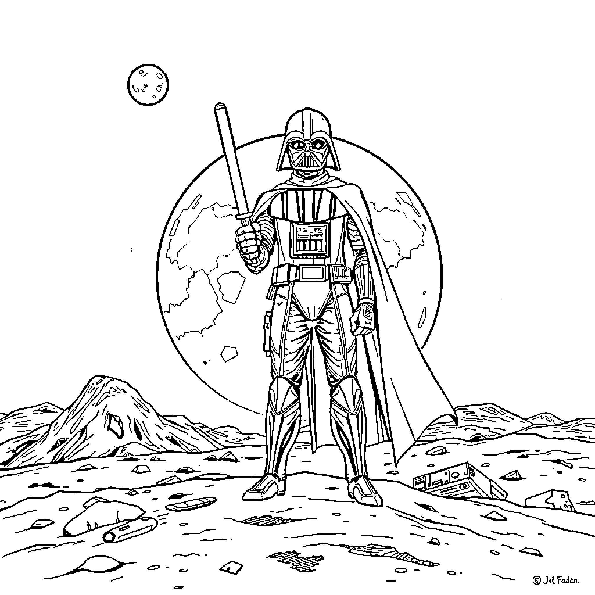 Peacemaker surveying the hostile alien landscape Coloring Page (free black-and-white line drawing printable PDF for all, from beginners to advanced learners, including children, teens, adults, and seniors)