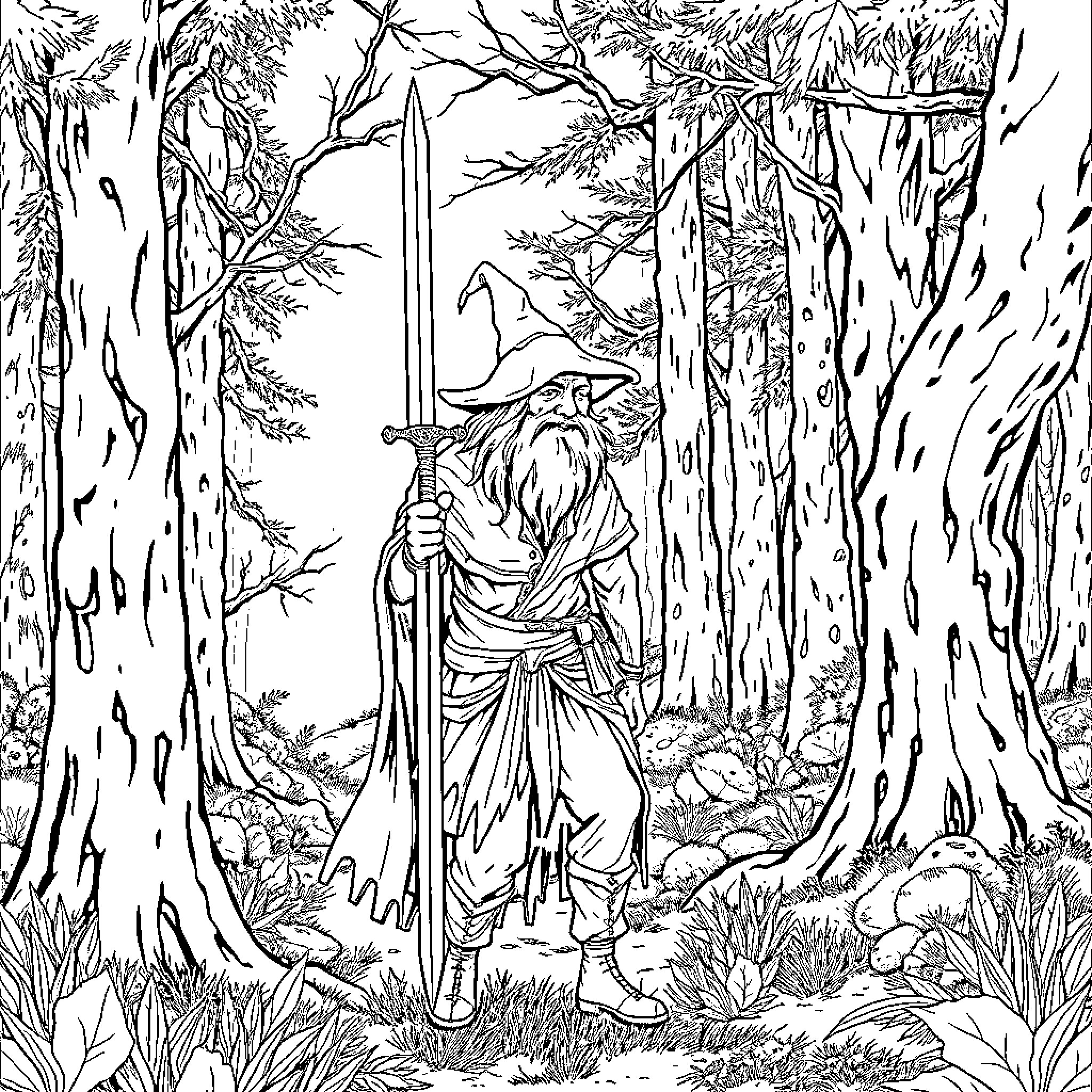 Gypsy Warrior Traversing the Enchanted Forest Coloring Page (free black-and-white line drawing printable PDF for all, from beginners to advanced learners, including children, teens, adults, and seniors)