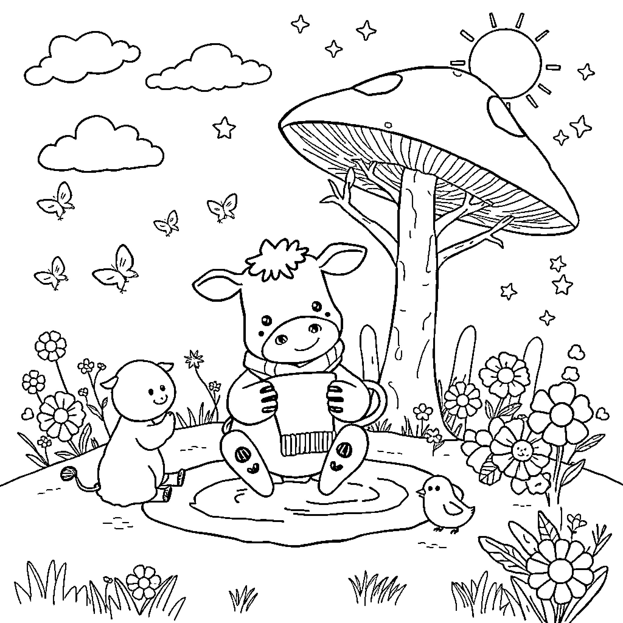 Animal characters in a whimsical outdoor scene Coloring Page (free black-and-white line drawing printable PDF for all, from beginners to advanced learners, including children, teens, adults, and seniors)