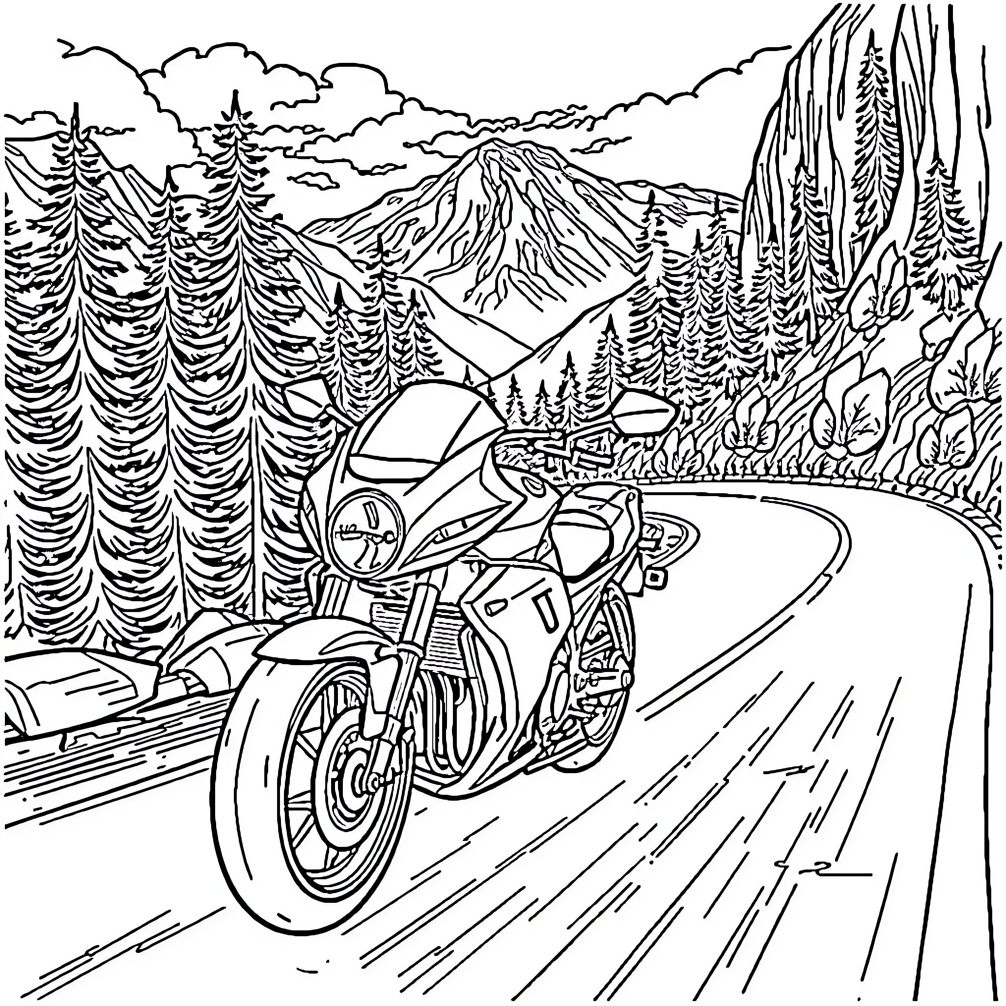 Motorcycle riding through scenic mountain landscape Coloring Page (free black-and-white line drawing printable PDF for all, from beginners to advanced learners, including children, teens, adults, and seniors)