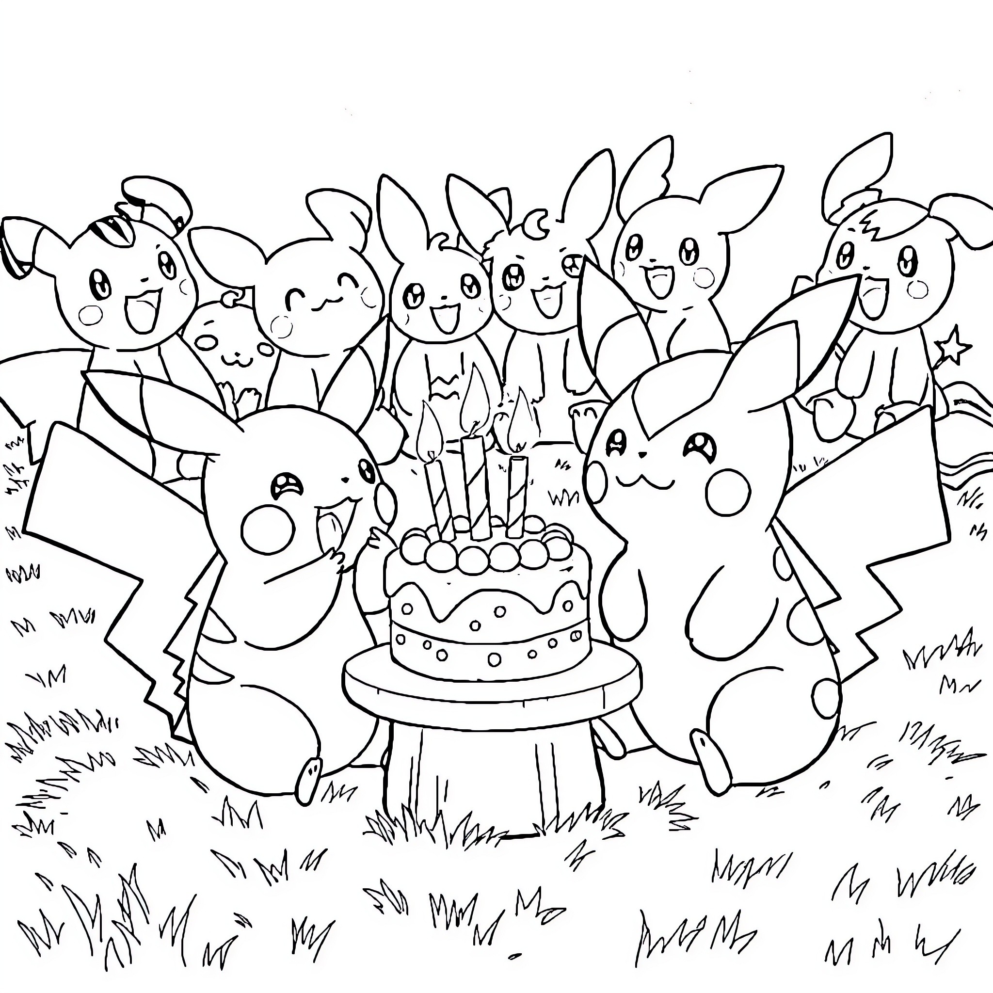 Pikachu's Birthday Party with Pokémon Friends Coloring Page (free black-and-white line drawing printable PDF for all, from beginners to advanced learners, including children, teens, adults, and seniors)