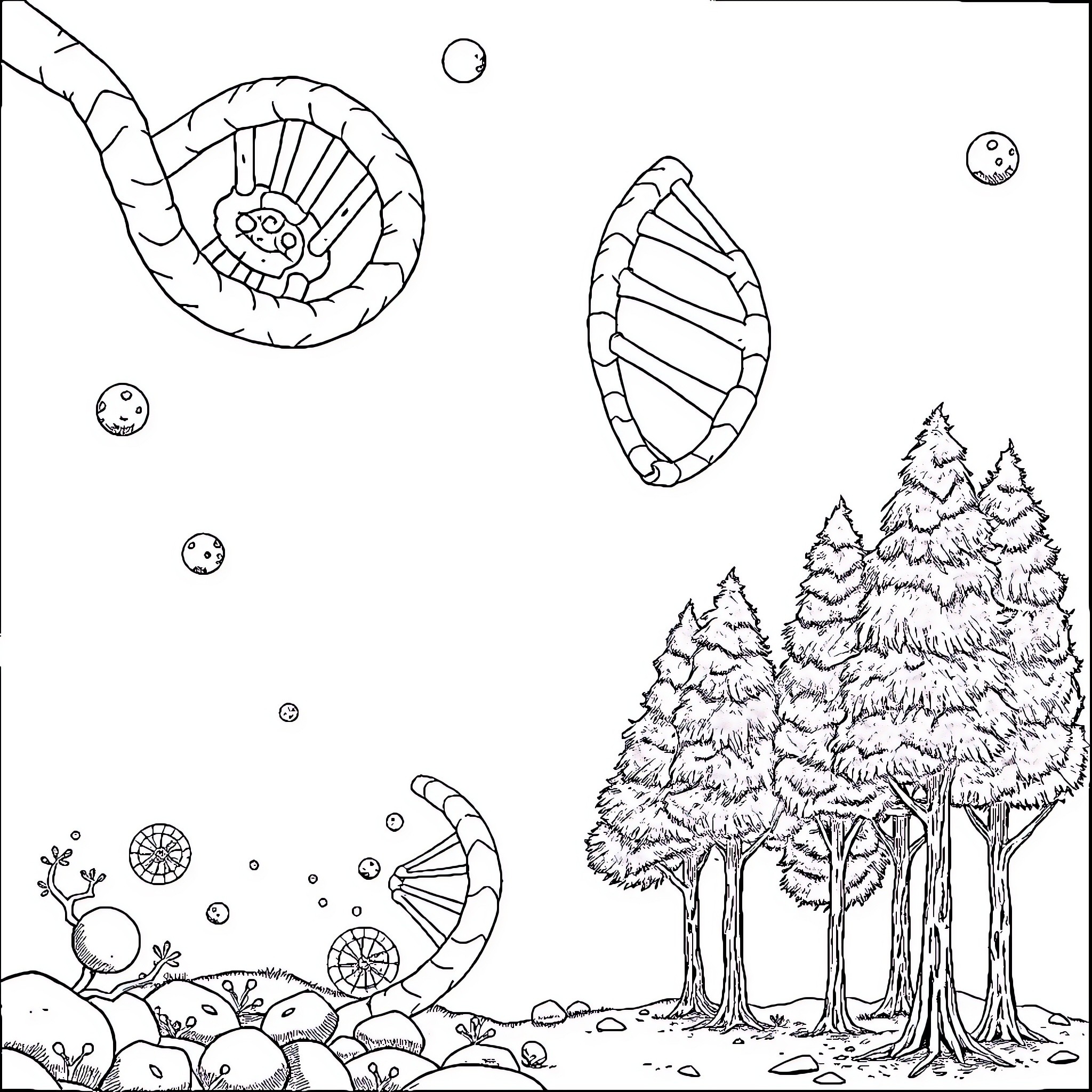 DNA Shapes and Textures in Nature's Landscape Coloring Page (free black-and-white line drawing printable PDF for all, from beginners to advanced learners, including children, teens, adults, and seniors)