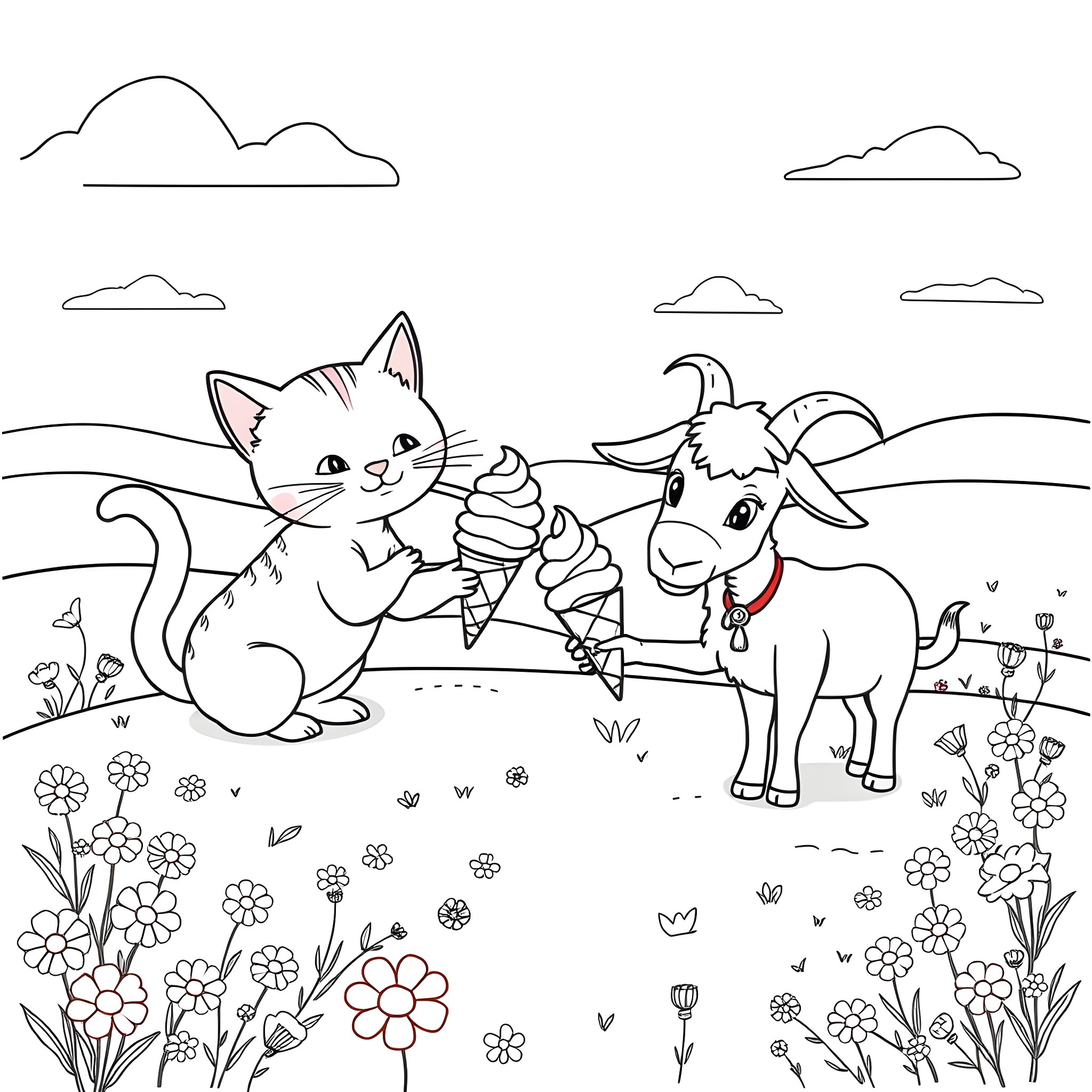 Cat and Goat Enjoying an Outdoor Adventure Coloring Page (free black-and-white line drawing printable PDF for all, from beginners to advanced learners, including children, teens, adults, and seniors)