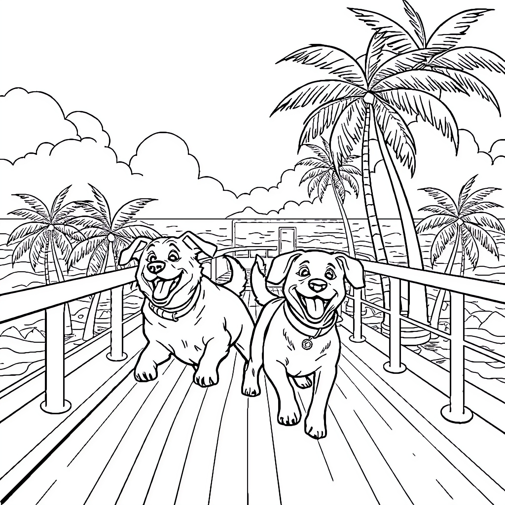 Dogs playing joyfully on tropical boardwalk Coloring Page (free black-and-white line drawing printable PDF for all, from beginners to advanced learners, including children, teens, adults, and seniors)