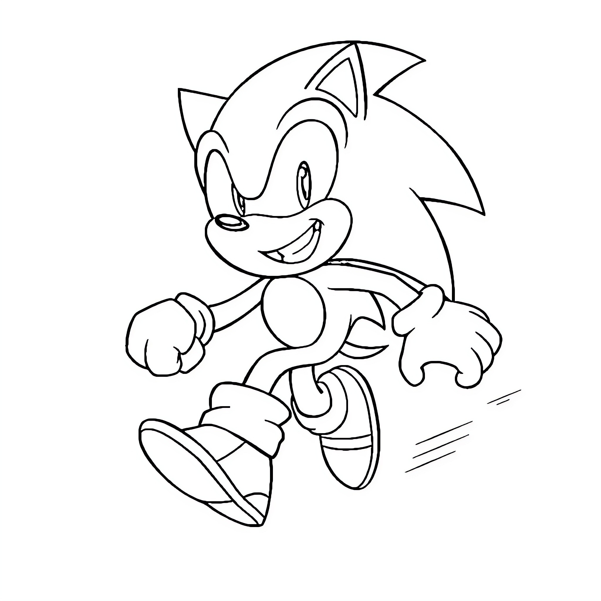 Sonic running energetically with a big smile Coloring Page (free black-and-white line drawing printable PDF for all, from beginners to advanced learners, including children, teens, adults, and seniors)