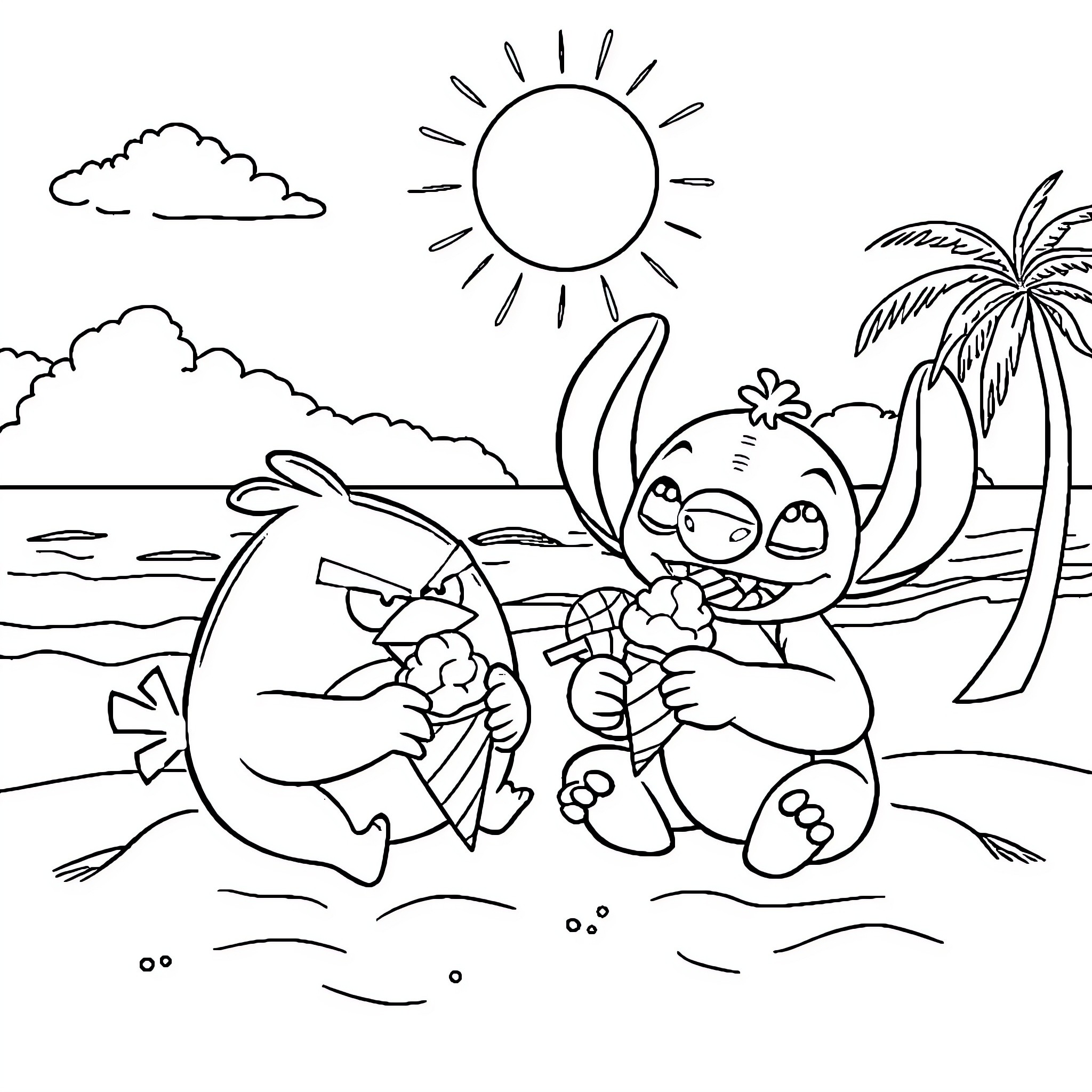 Birds playing happily on the beach Coloring Page (free black-and-white line drawing printable PDF for all, from beginners to advanced learners, including children, teens, adults, and seniors)