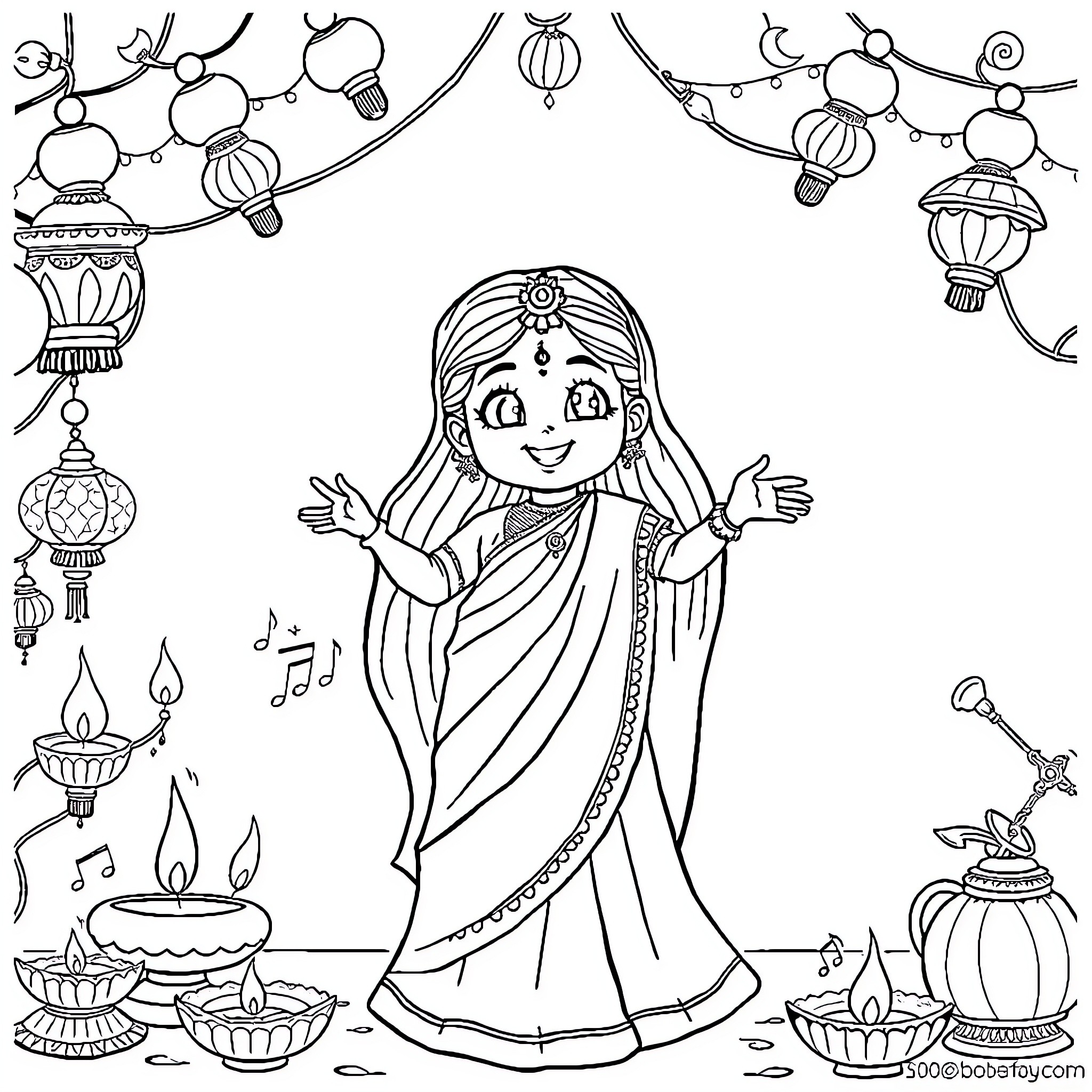 Eevie's Joyful Diwali Celebration Coloring Page (free black-and-white line drawing printable PDF for all, from beginners to advanced learners, including children, teens, adults, and seniors)