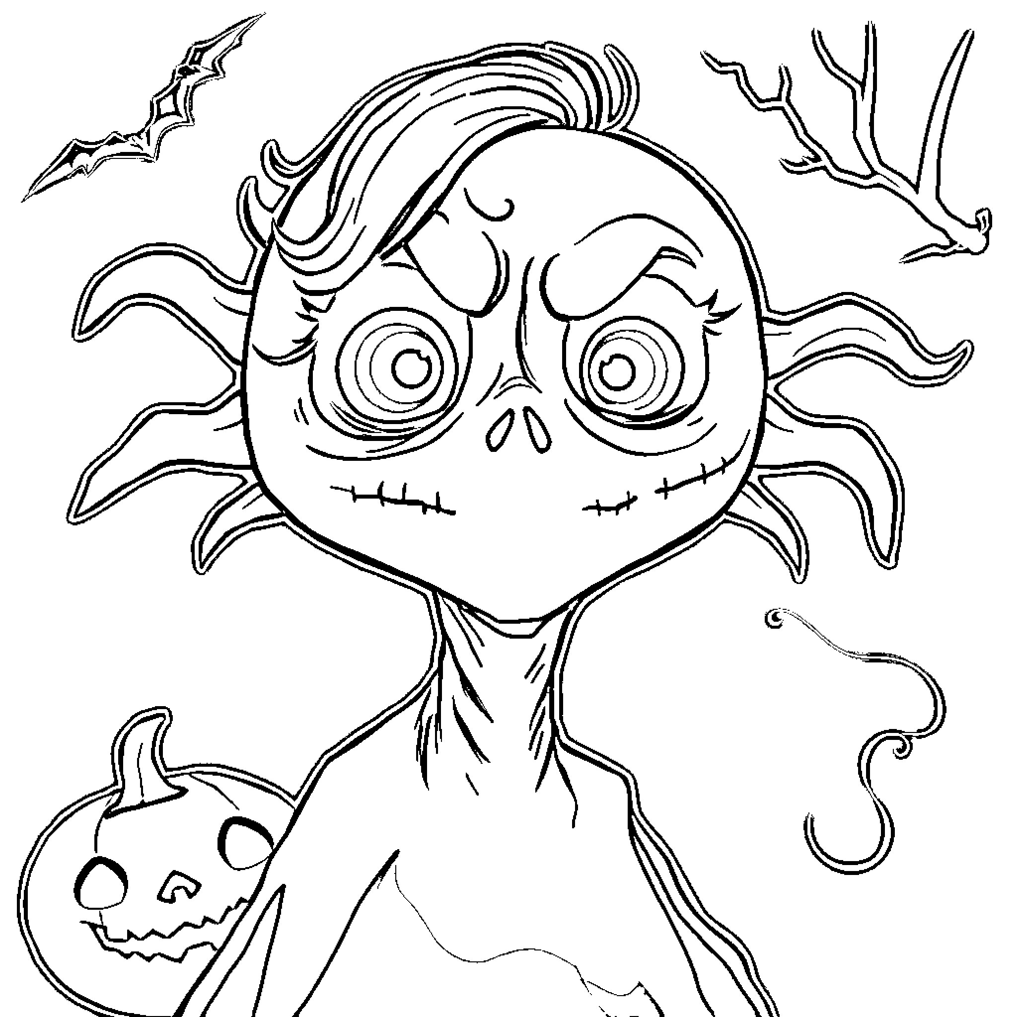 Scary Face with Halloween Symbols Coloring Page (free black-and-white line drawing printable PDF for all, from beginners to advanced learners, including children, teens, adults, and seniors)