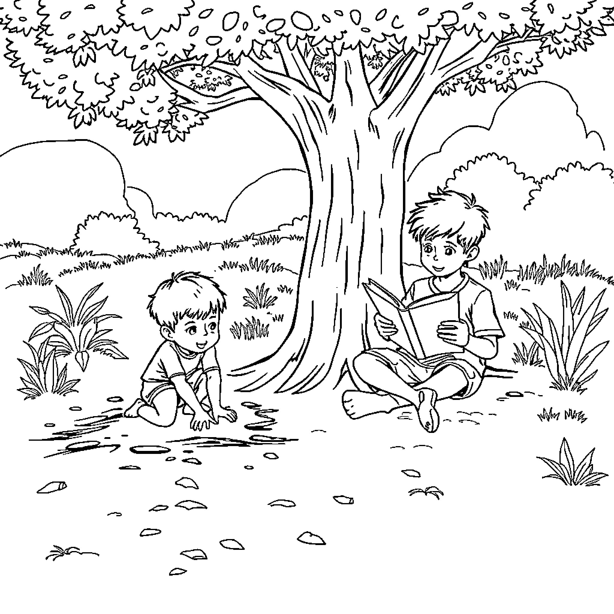 Boys playing and reading in the park Coloring Page (free black-and-white line drawing printable PDF for all, from beginners to advanced learners, including children, teens, adults, and seniors)