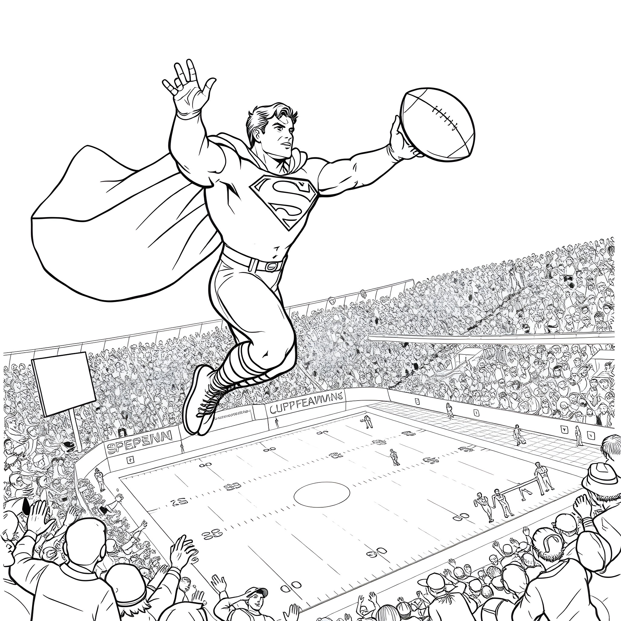 Superman playing football in the stadium Coloring Page (free black-and-white line drawing printable PDF for all, from beginners to advanced learners, including children, teens, adults, and seniors)