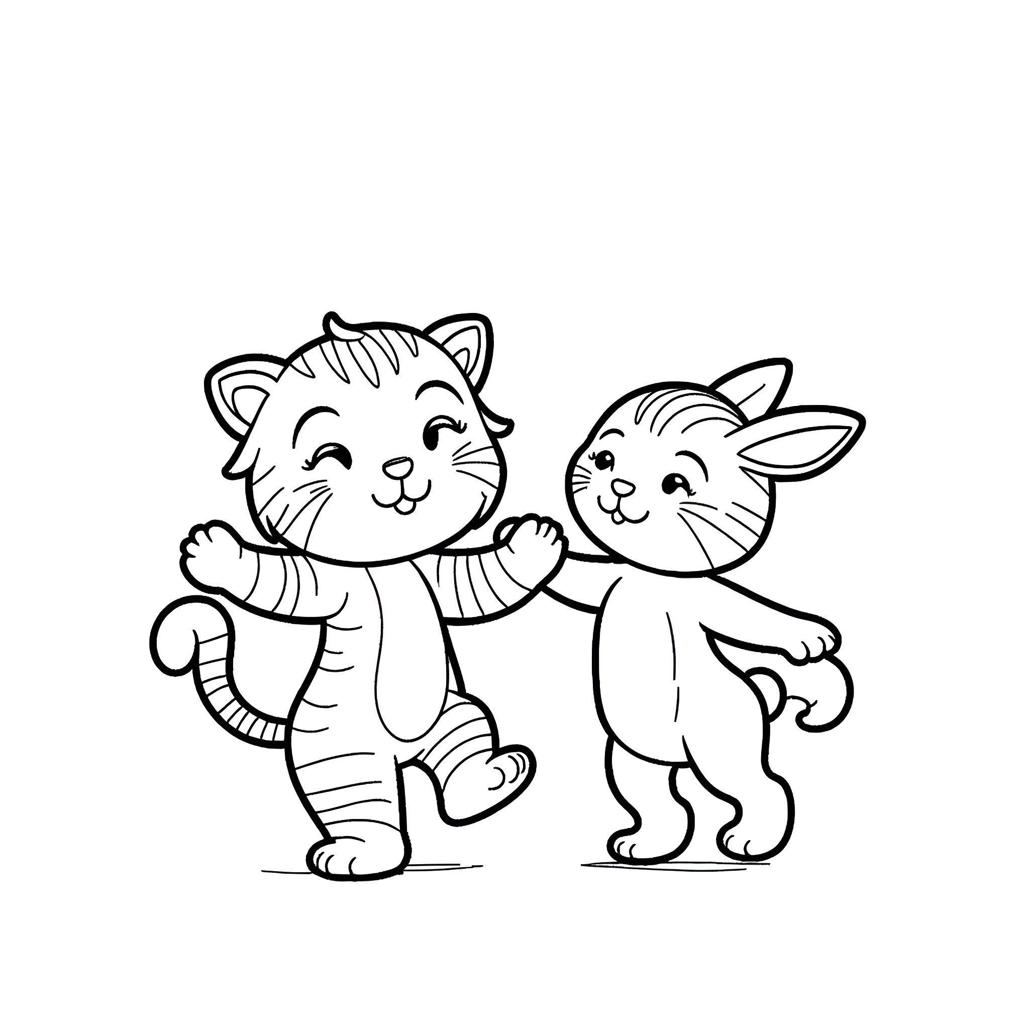 Tiger friends playing together happily Coloring Page (free black-and-white line drawing printable PDF for all, from beginners to advanced learners, including children, teens, adults, and seniors)