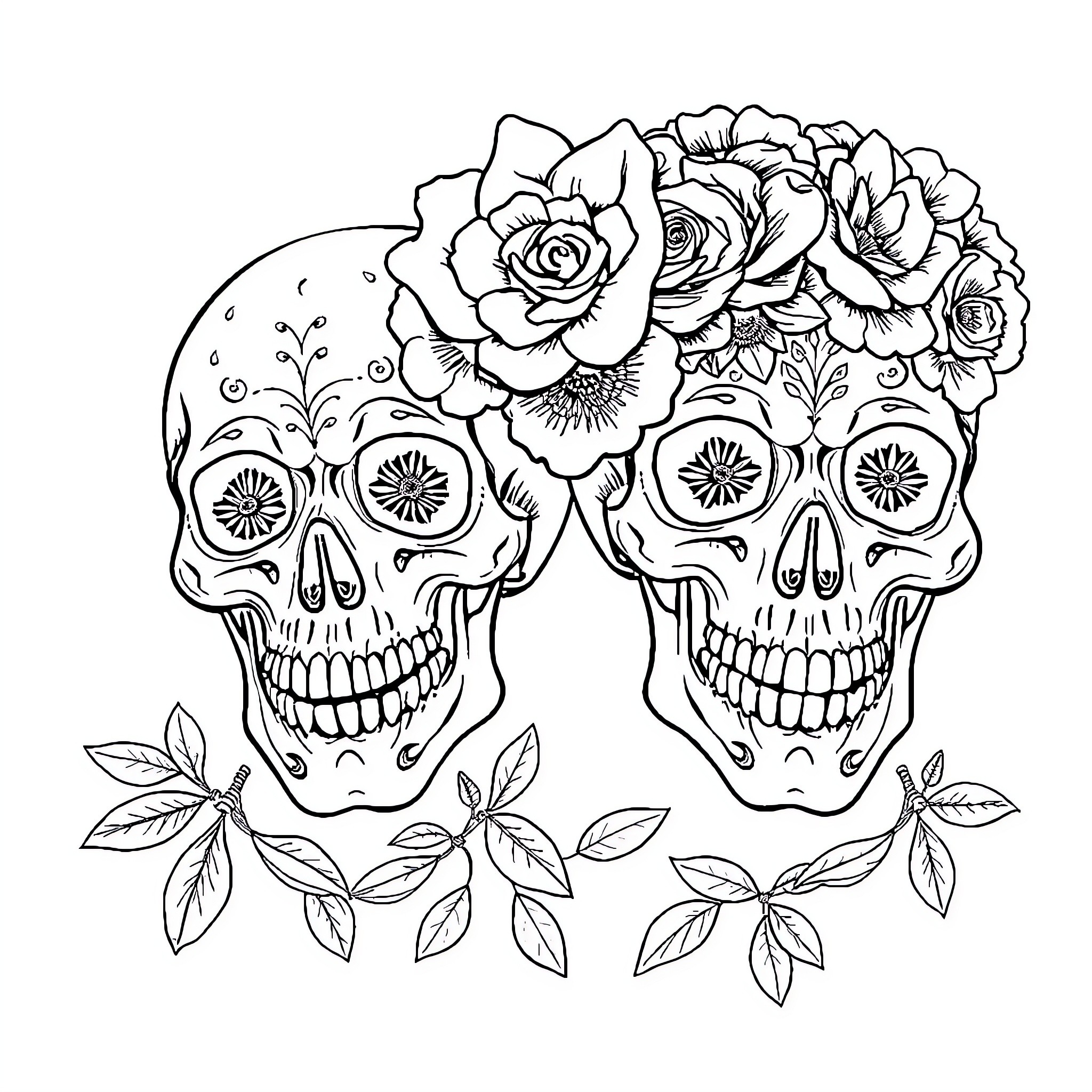 Skull adorned with decorative floral patterns Coloring Page (free black-and-white line drawing printable PDF for all, from beginners to advanced learners, including children, teens, adults, and seniors)
