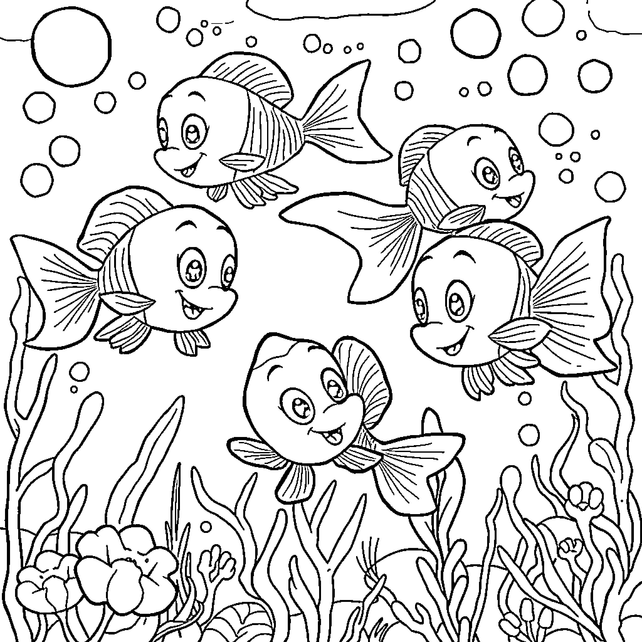 Bubble Guppies playing happily in the underwater world Coloring Page (free black-and-white line drawing printable PDF for all, from beginners to advanced learners, including children, teens, adults, and seniors)